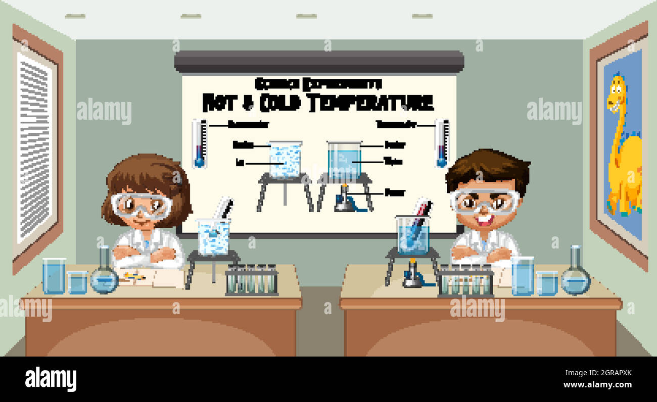 Jóvenes científicos que explican experimentos científicos de temperatura fría y caliente Ilustración del Vector