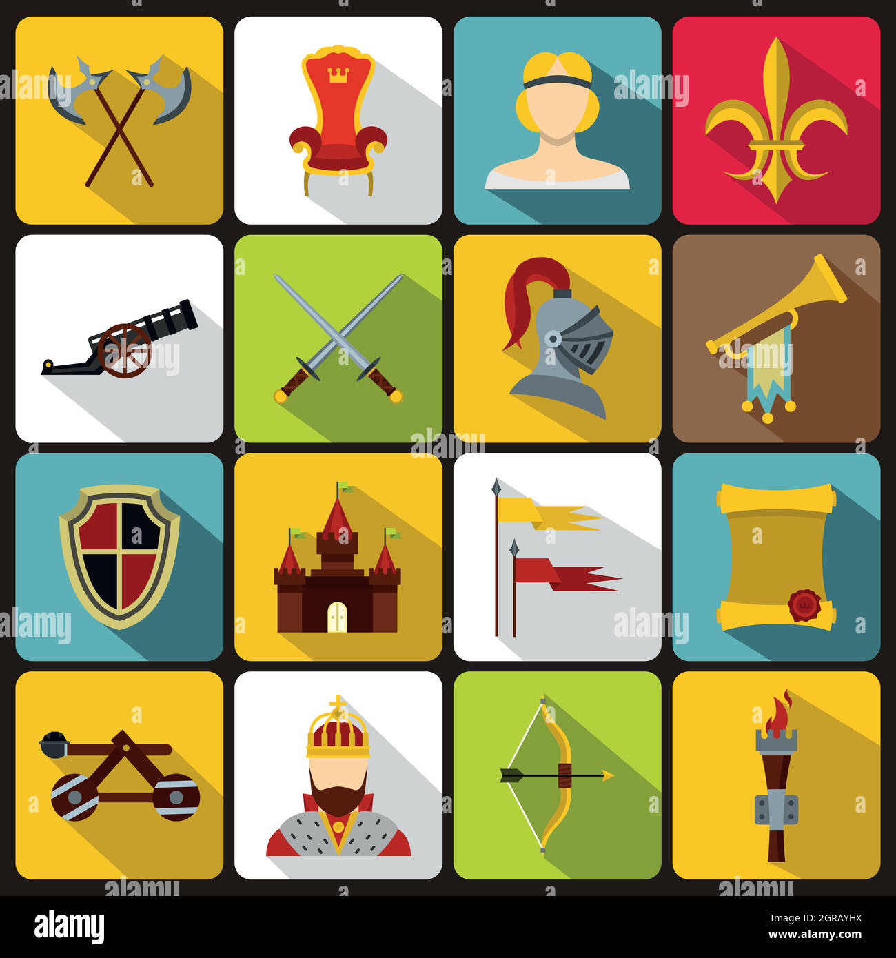 Conjunto de iconos medievales Knight, estilo plano Ilustración del Vector