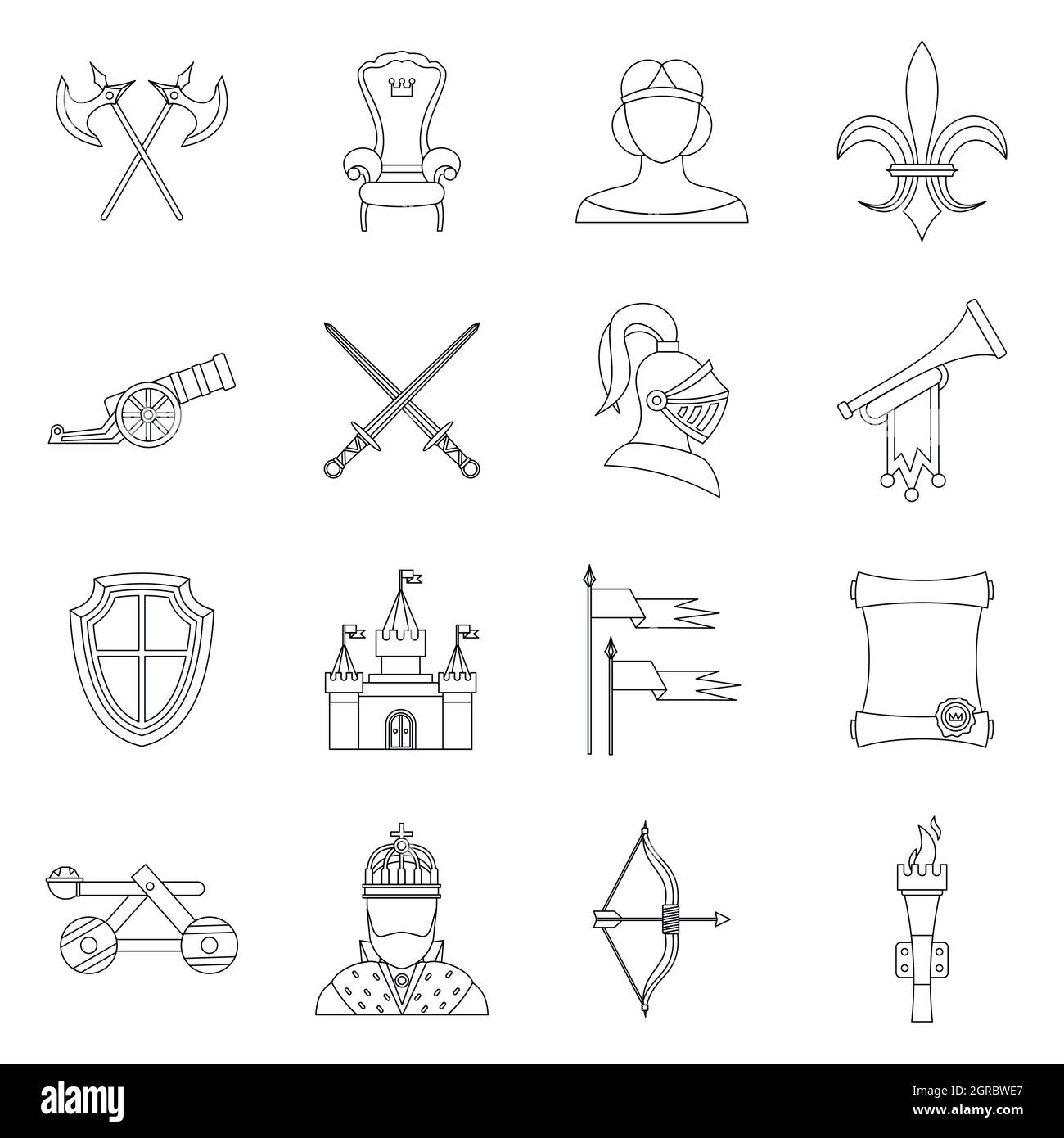 Conjunto de iconos medievales Knight, estilo de contorno. Ilustración del Vector