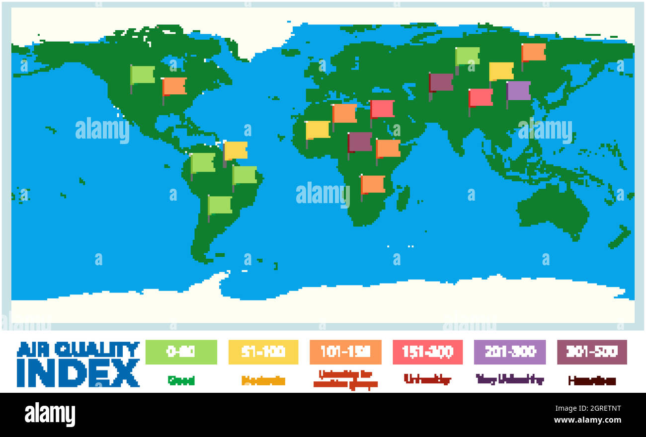 Diseño de póster para el índice de calidad del aire con escalas de color en diferentes partes del mundo Ilustración del Vector