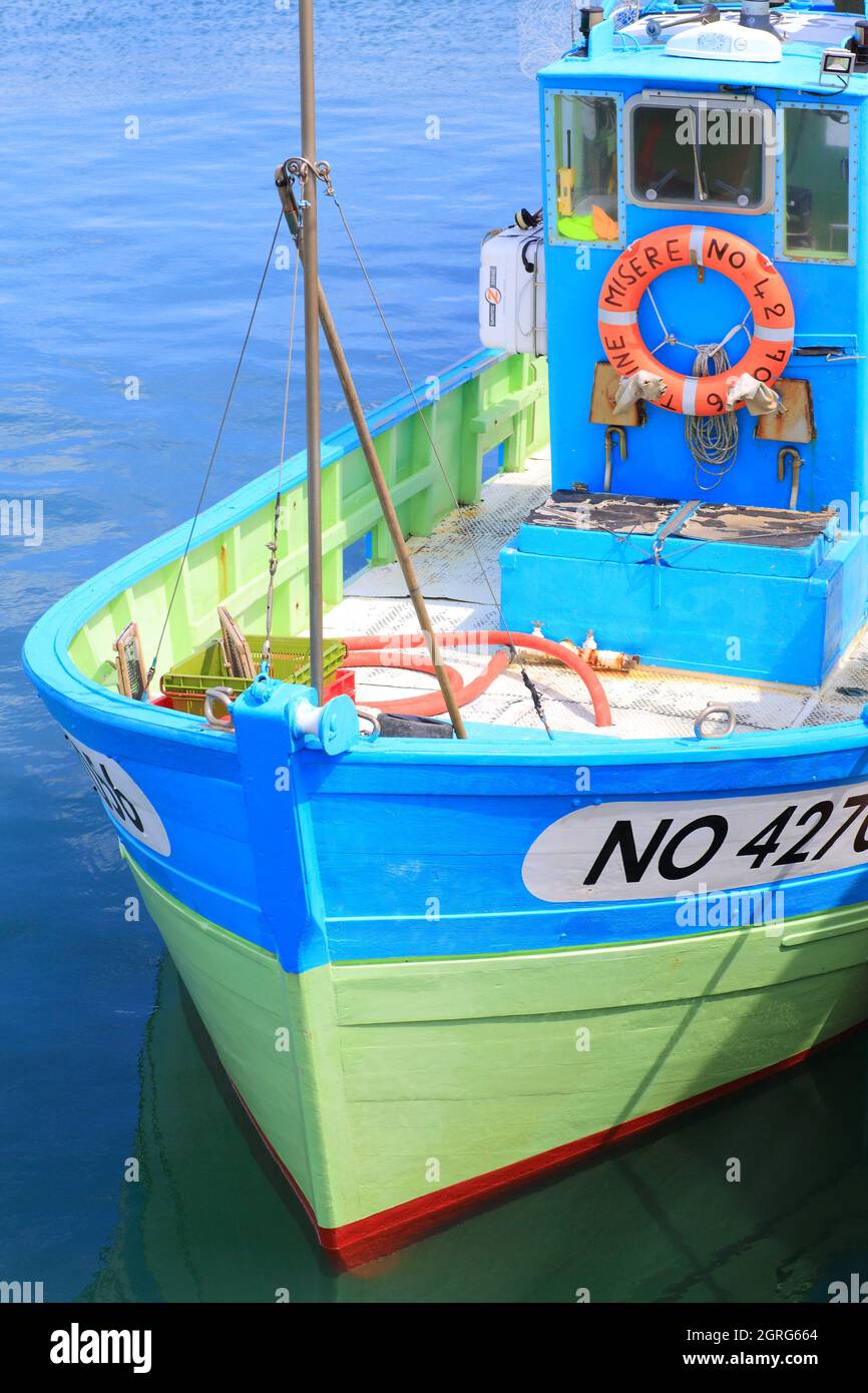 Francia, Vendée, Isla Noirmoutier, Noirmoutier en l'ile, Port de l'Herbaudiere, barco de pesca Foto de stock
