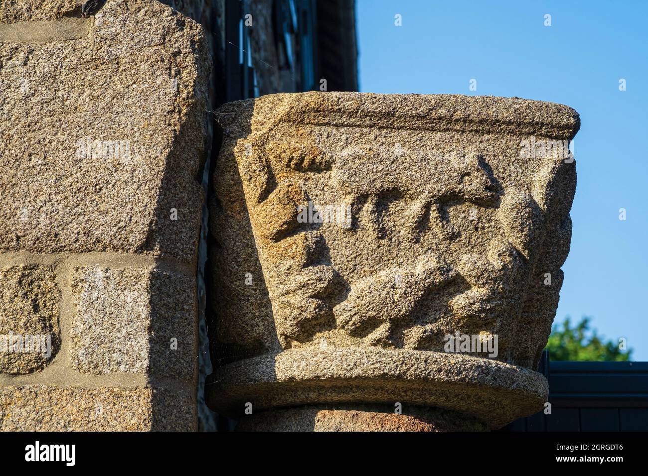 Francia, Ille-et-Vilaine, Dol-de-Bretagne, ciudad parada a lo largo de la GR 34 sendero o ruta de aduanas, pilar tallado en el centro histórico Foto de stock