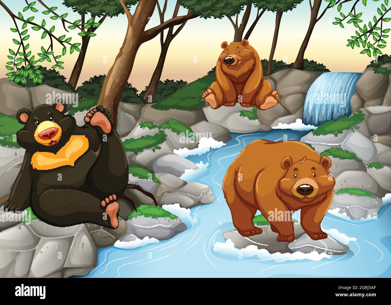 Tres osos que viven en la cascada Ilustración del Vector