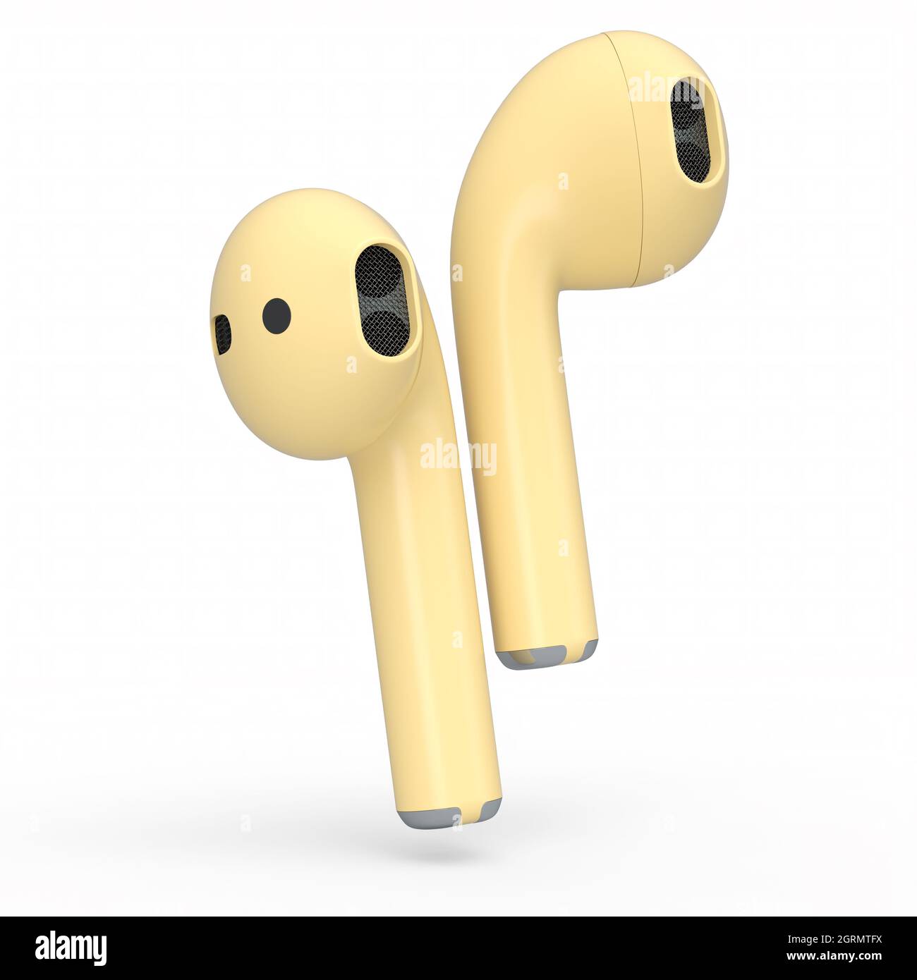 Auriculares inalámbricos Bluetooth amarillos aislados sobre fondo blanco. 3D Representación de accesorios para escuchar música o trabajar lejos de casa Foto de stock