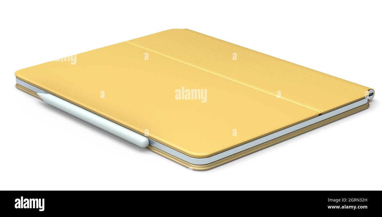 Tableta de ordenador con funda dorada y lápiz aislado sobre fondo blanco. 3D Concepto de representación de equipos de diseño creativo y espacio de trabajo compacto Foto de stock