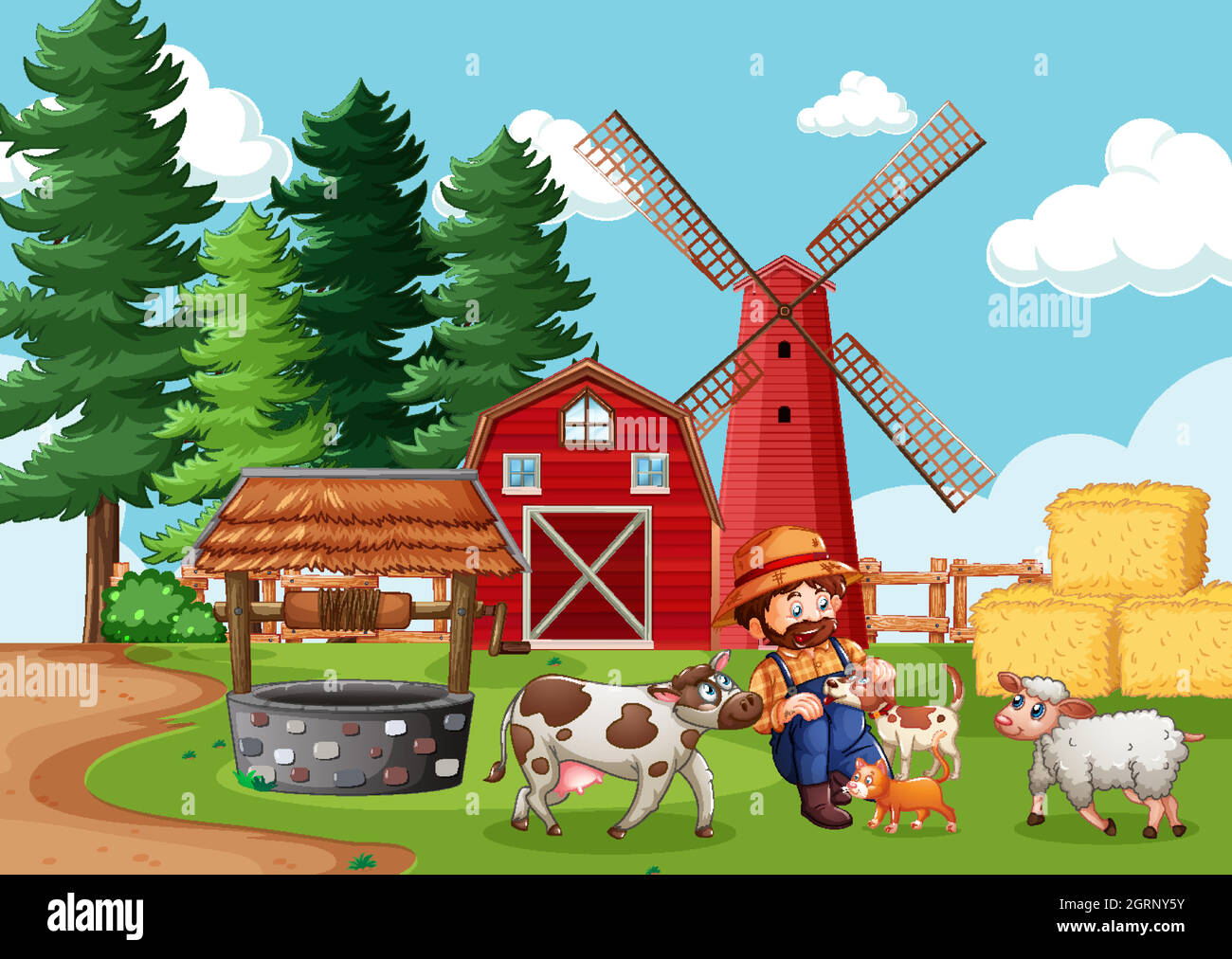 Granjero con granja de animales en escena de granja en estilo de dibujos  animados Imagen Vector de stock - Alamy