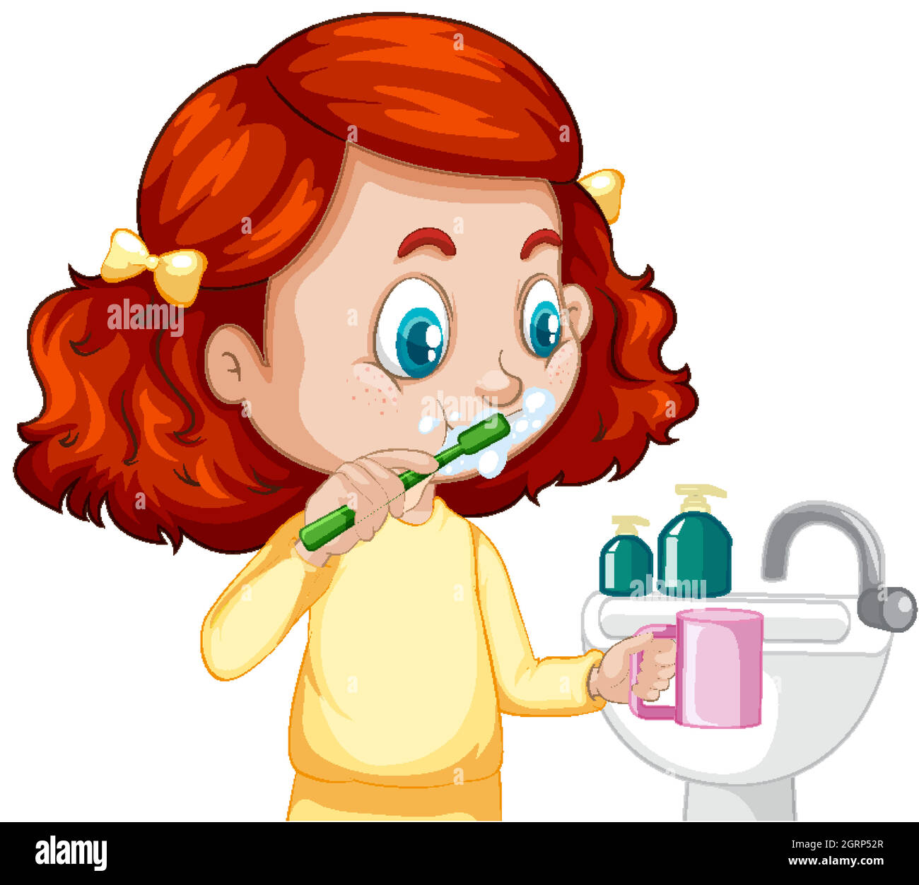 Un personaje de dibujos animados niña cepillando los dientes con un  fregadero de agua Imagen Vector de stock - Alamy