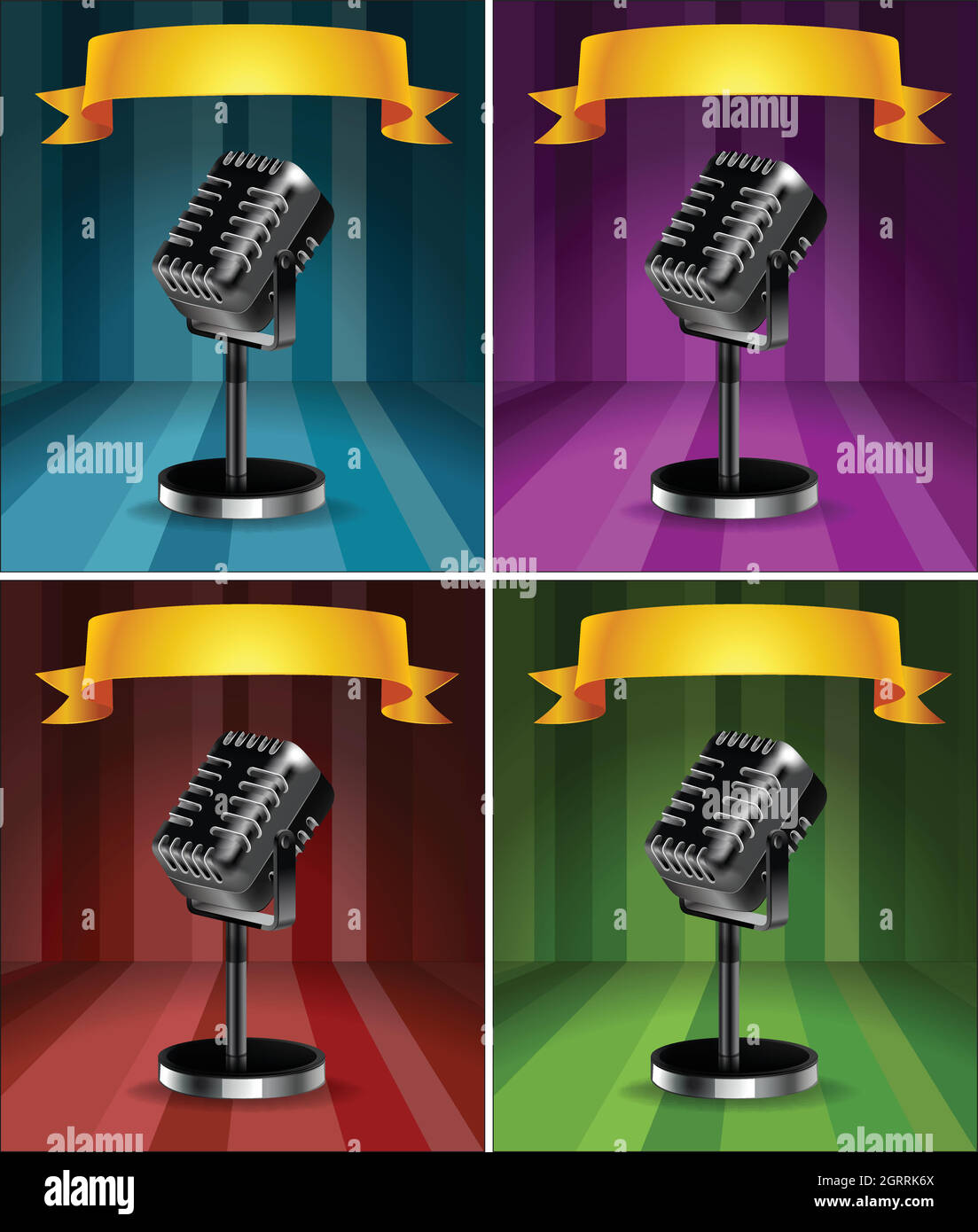 Micrófonos en cuatro colores de fondo Ilustración del Vector