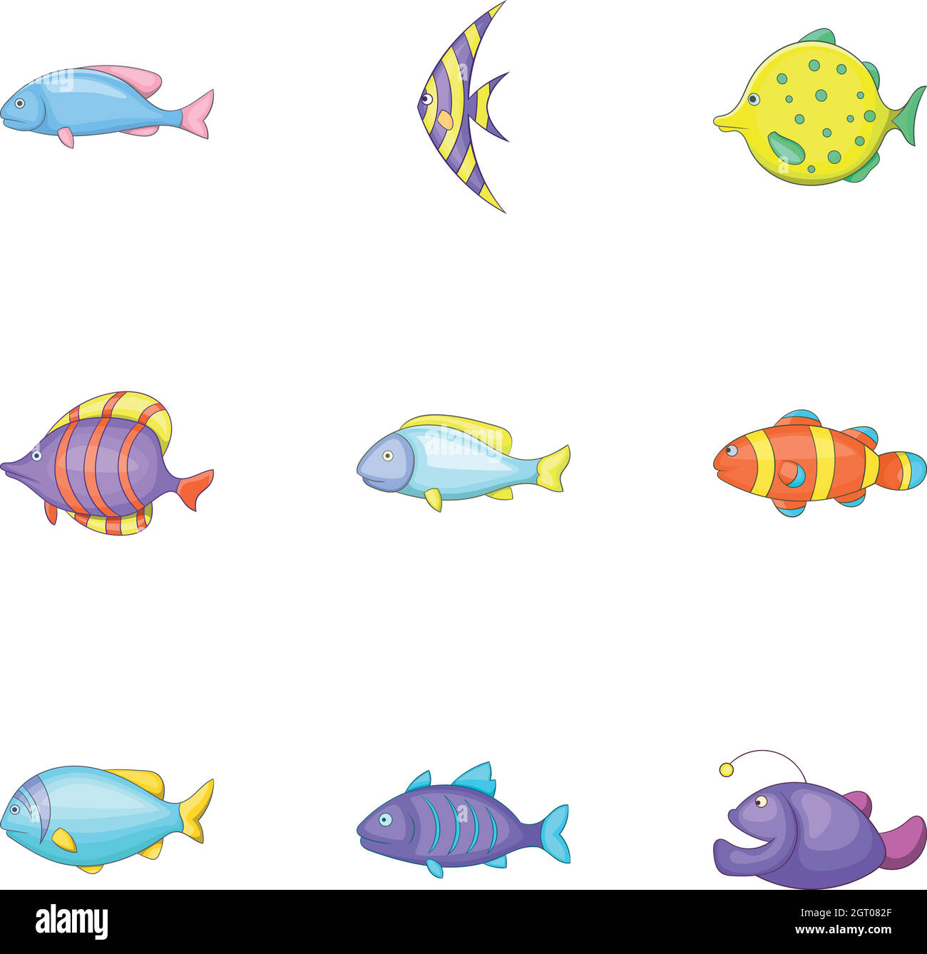 Conjunto de iconos de especies de peces marinos, estilo de dibujos animados Ilustración del Vector