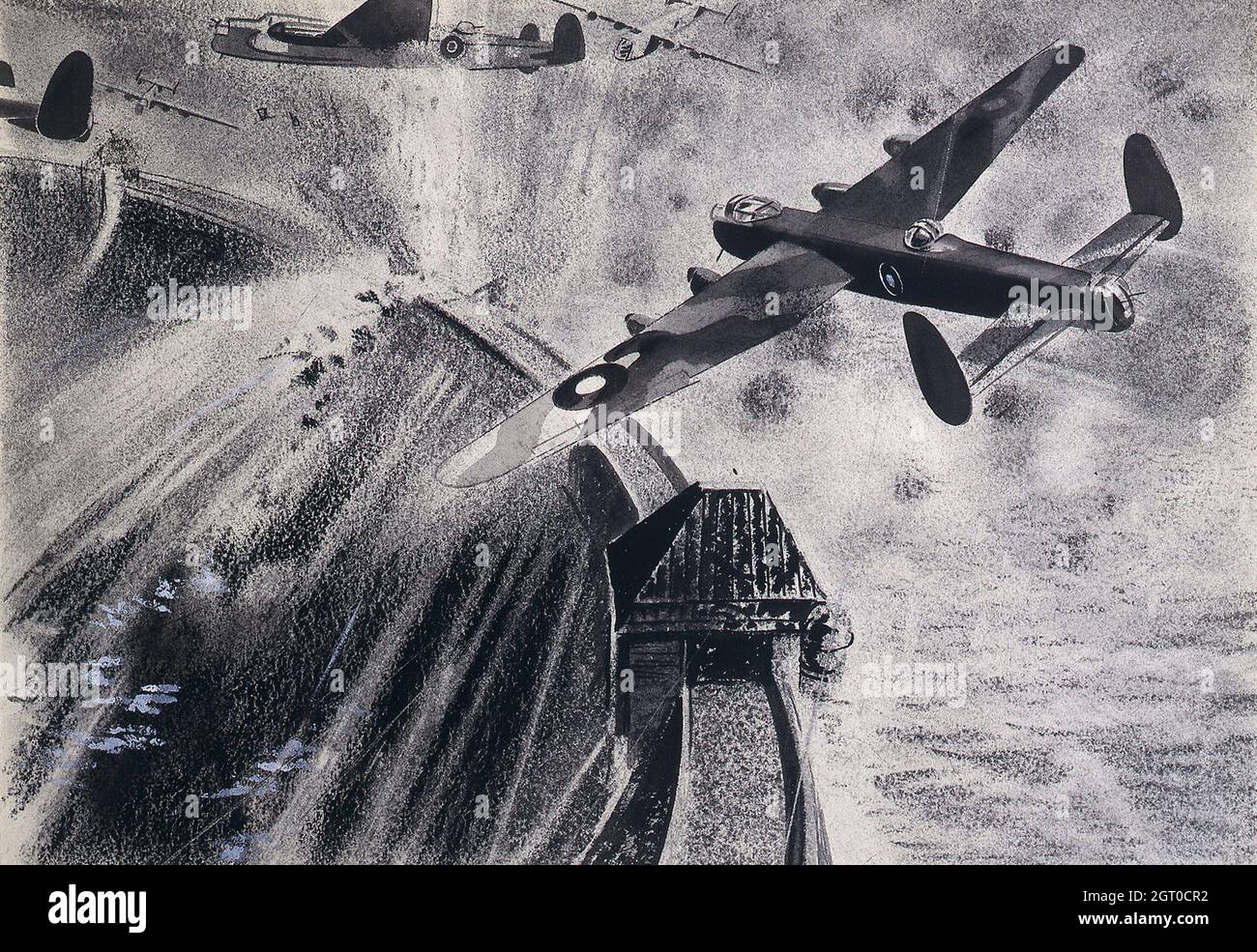 Dibujo que representa a los bombarderos Lancaster que atacan a las represas alemanas durante la Operación Chastise, posteriormente conocidos como los 'Dambusters' Foto de stock