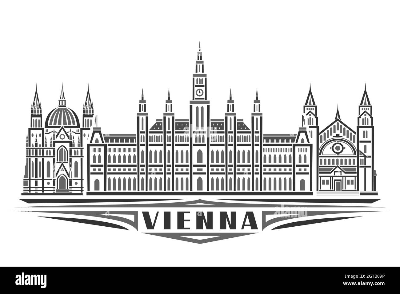 Ilustración vectorial de Viena, póster horizontal monocromo con diseño lineal Famoso paisaje urbano de viena, concepto de arte urbano con decoración única Ilustración del Vector