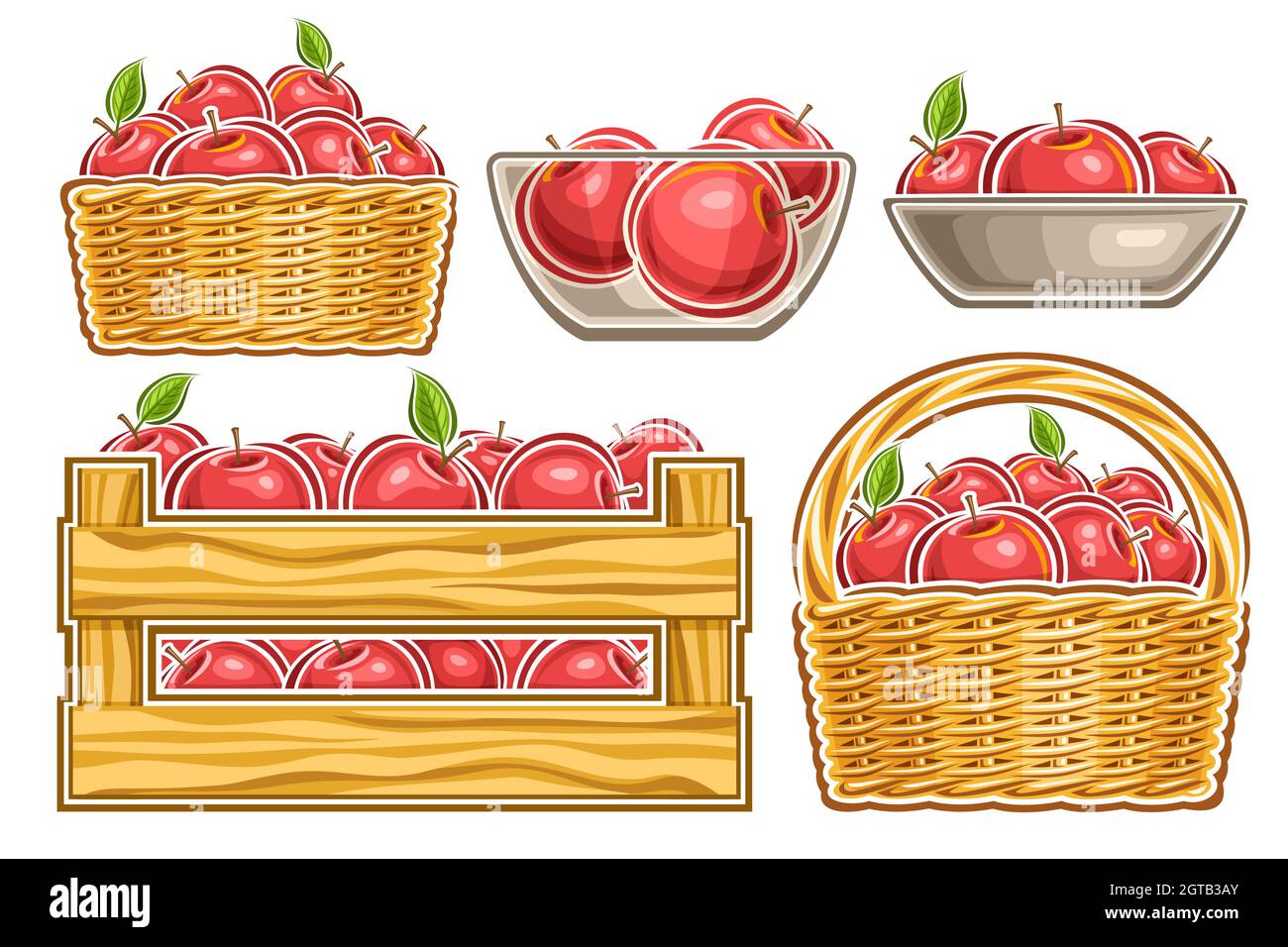 Vector conjunto de Manzanas Rojas, lote colección de ilustraciones cortadas manzanas naturales afrutadas en tazón de vidrio, frutos rojos maduros en dibujos animados diseño platos de arcilla a Ilustración del Vector