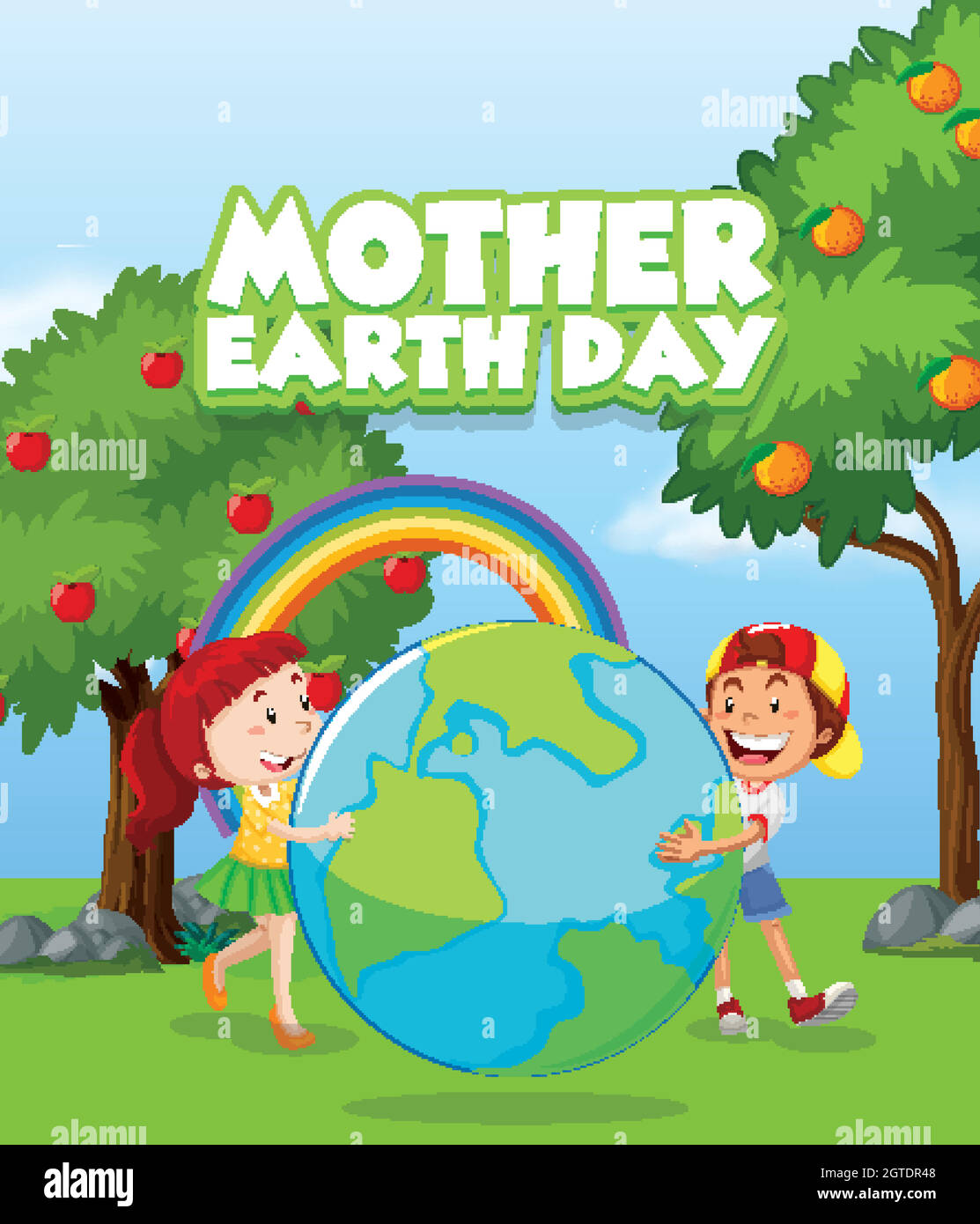 Diseño de póster para el día de la madre tierra con dos niños en el parque Ilustración del Vector