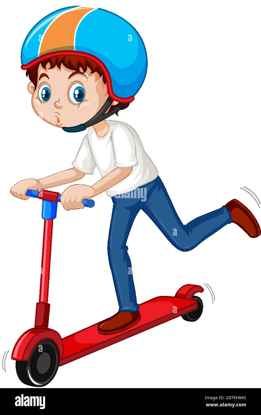 Ilustración vectorial de dibujos animados niño pequeño montando un scooter