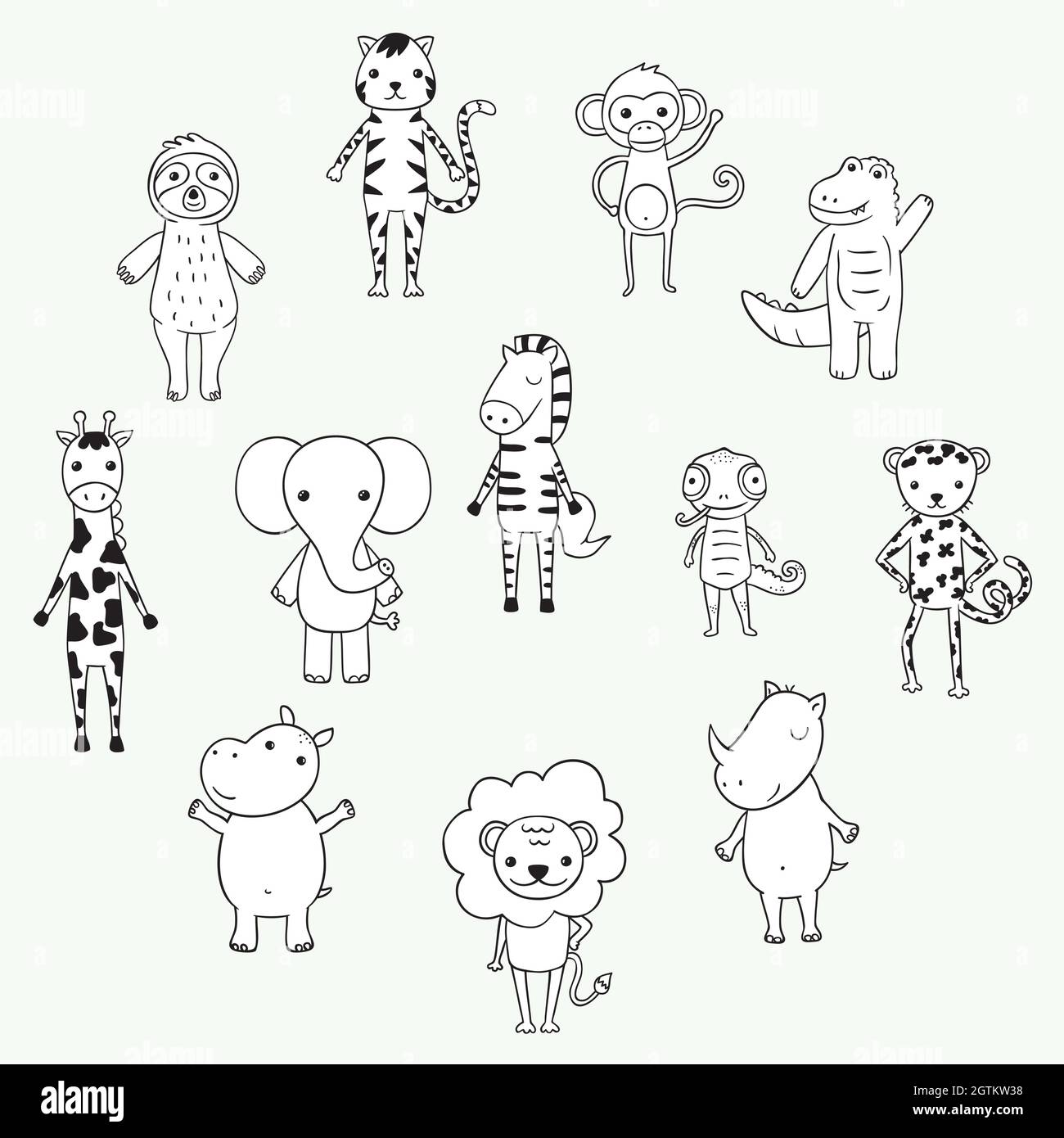 Lindos animales de la selva y safari. Personajes de dibujos animados del zoológico dibujados a mano. Elefante, león, perezoso, mono, cebra, jirafa. Blanco y negro. Ilustración del Vector