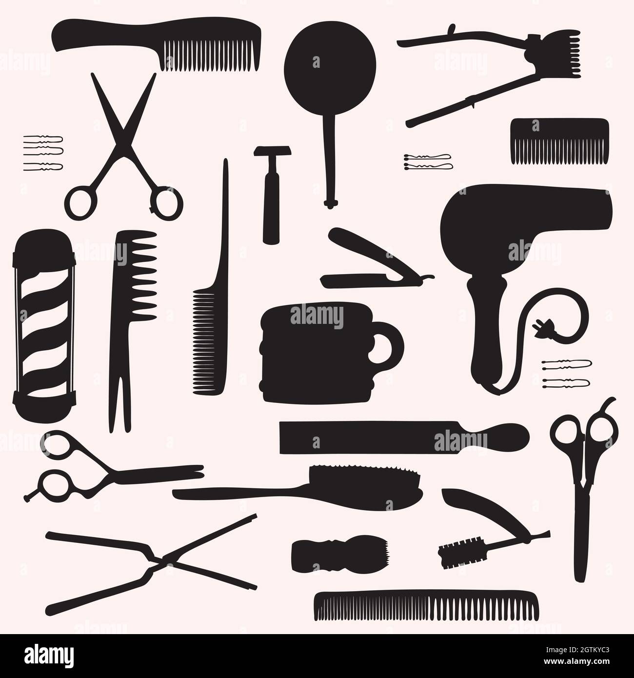 Peluquería. Salón de belleza vintage. Herramientas de peluquería. Tijeras,  peine, cepillo, navaja, poste. Silueta negra Imagen Vector de stock - Alamy