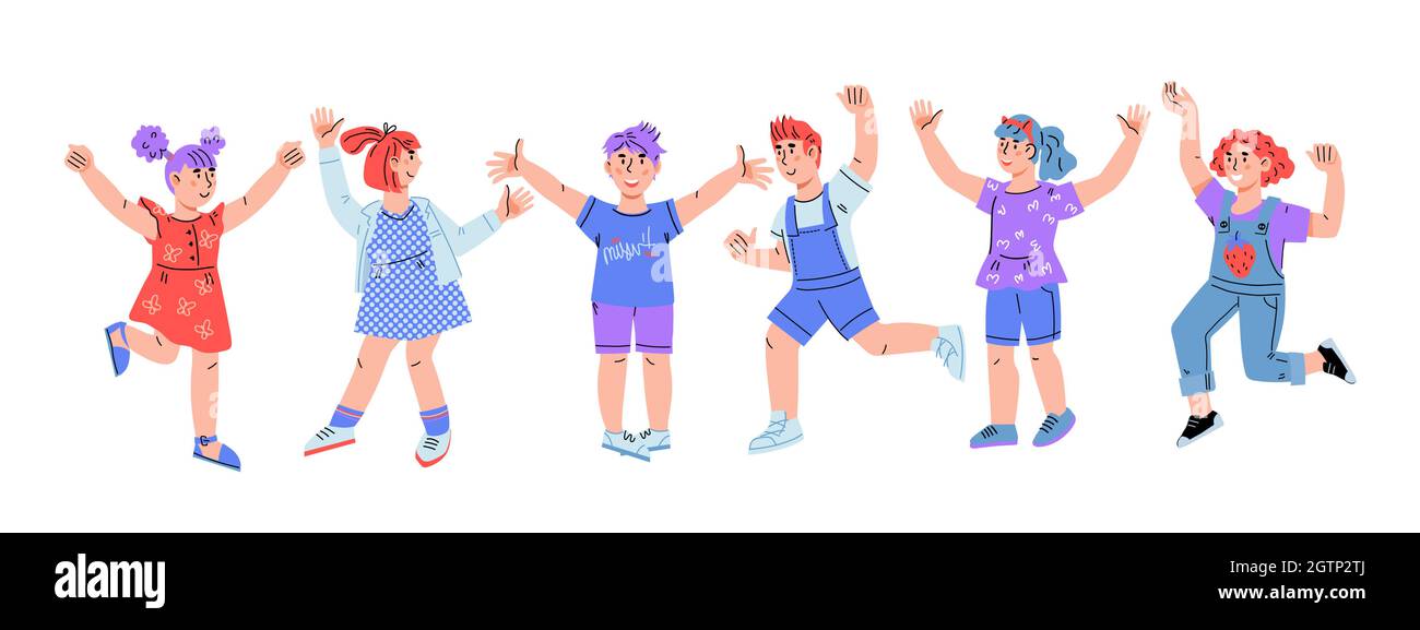 Niños felices riendo de pie en fila, ilustración de vector plano aislado en blanco. Niños y niñas felices bailando y saltando para alegría. Kindergart Imagen Vector de stock - Alamy Niños felices riendo de pie en fila, ilustración de vector plano aislado en blanco. Niños y niñas felices bailando y saltando para alegría. Kindergart Imagen Vector de stock - Alamy