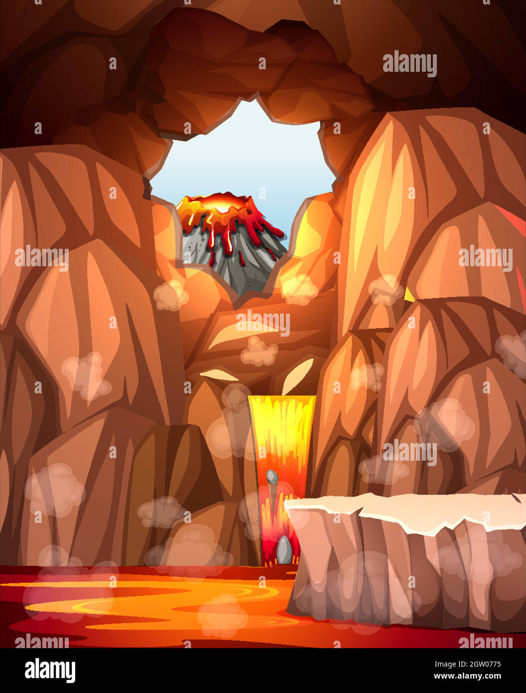 Cueva infernal con escena de lava Ilustración del Vector