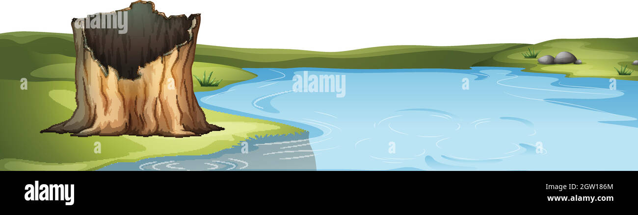 Árbol hueco por un estanque en la naturaleza Ilustración del Vector