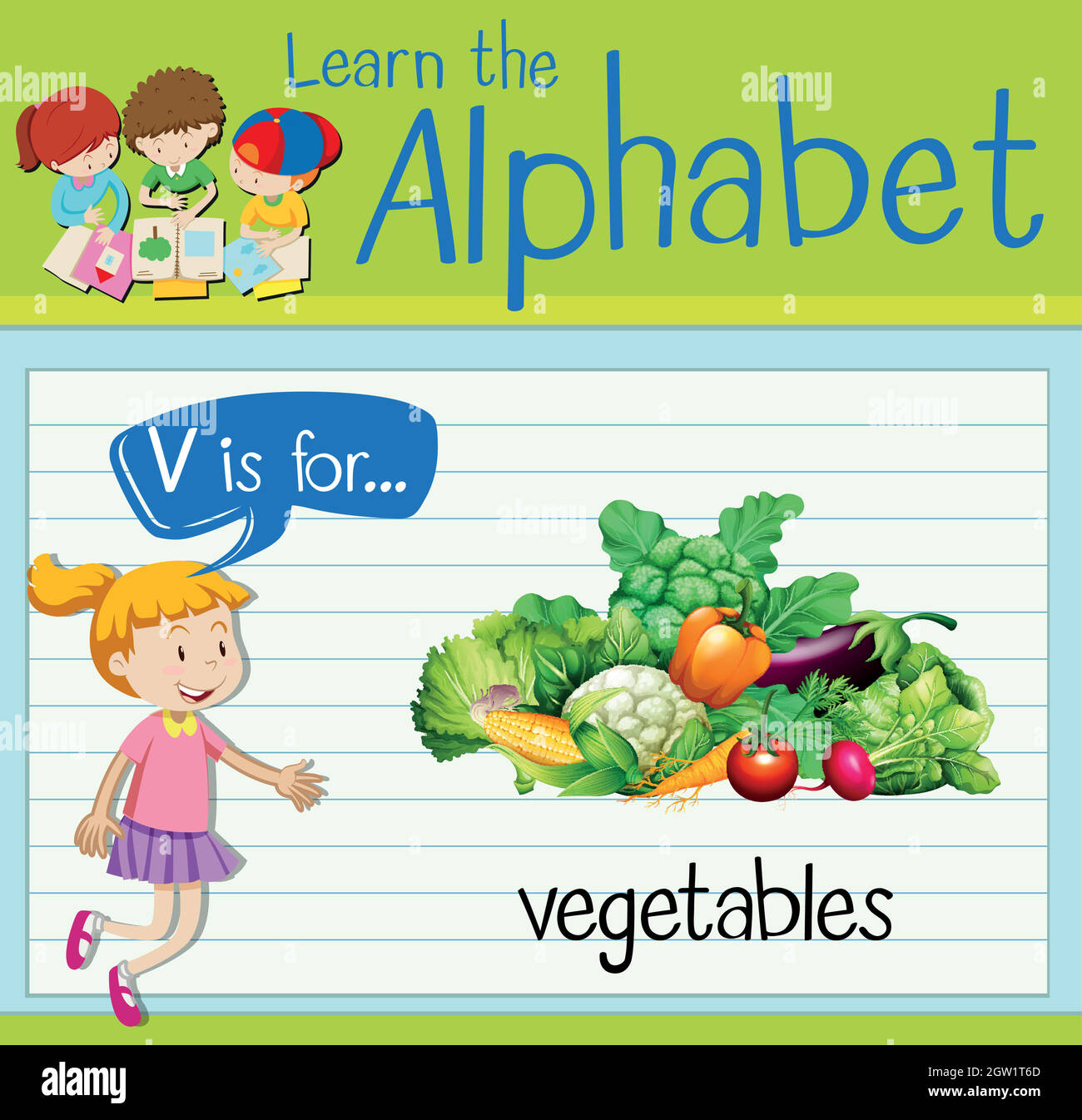 La letra V de la tarjeta de destello es para las verduras Imagen Vector