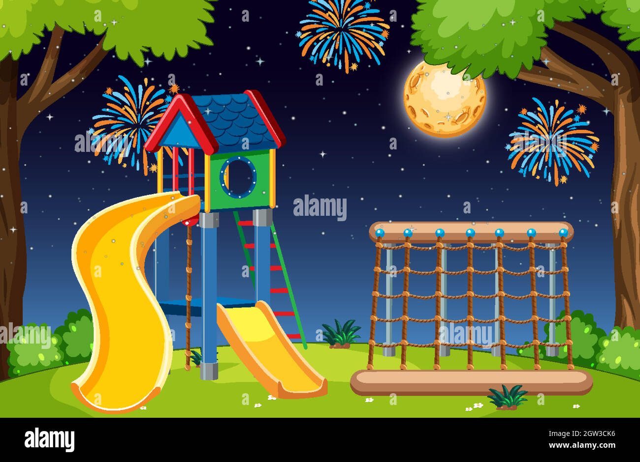 Parque infantil en el parque con luna grande y fuegos artificiales en el  cielo por la noche estilo de dibujos animados Imagen Vector de stock - Alamy