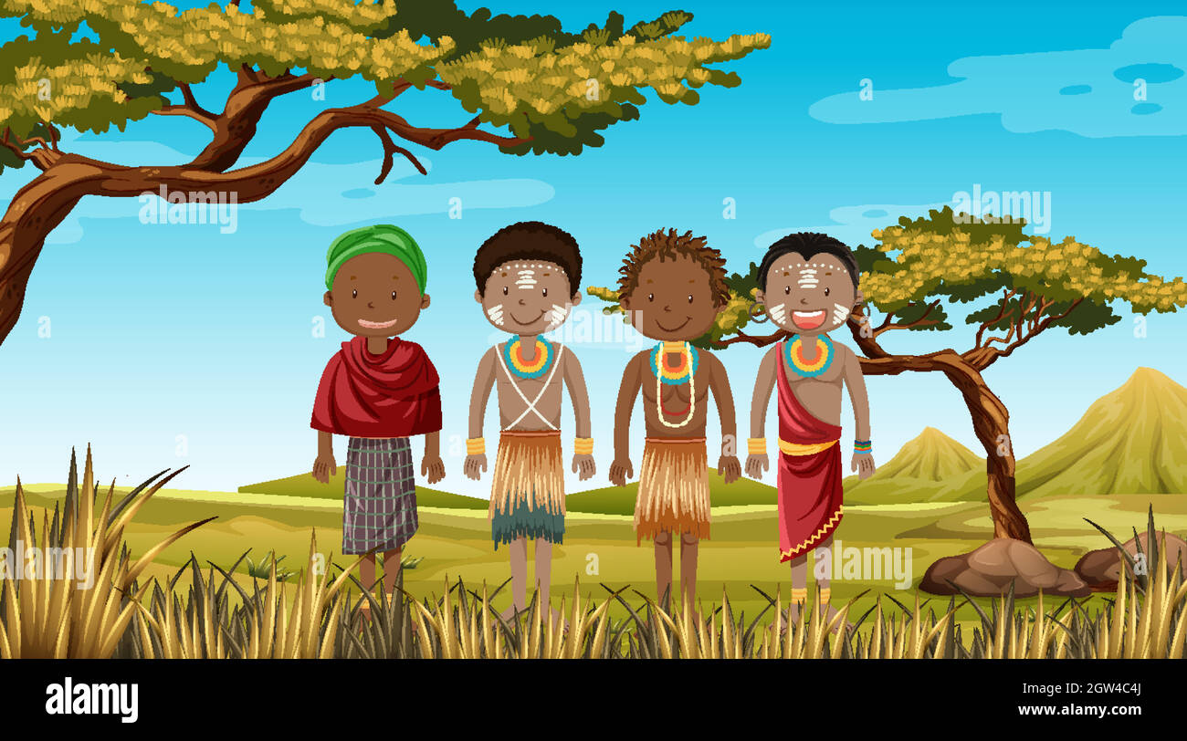 Personas étnicas de tribus africanas con ropa tradicional en el fondo de la naturaleza Ilustración del Vector