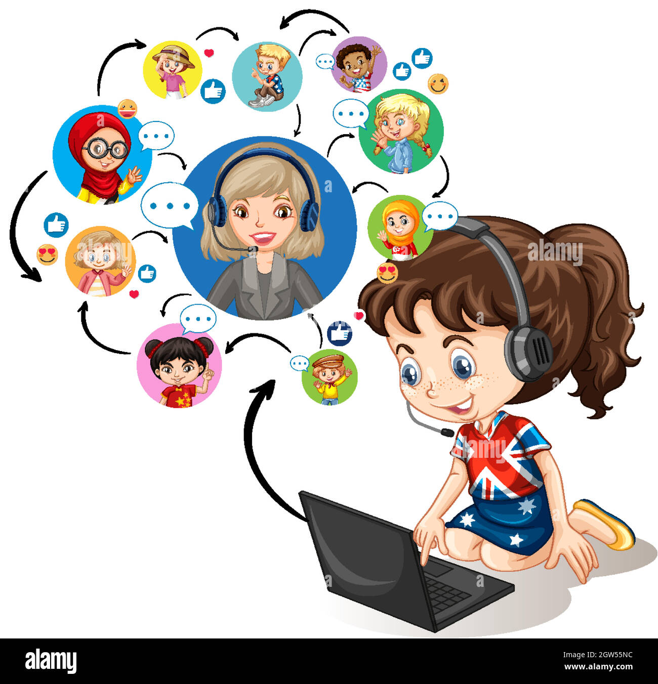 Una chica que usa el portátil para comunicarse con el profesor y amigos sobre fondo blanco Ilustración del Vector