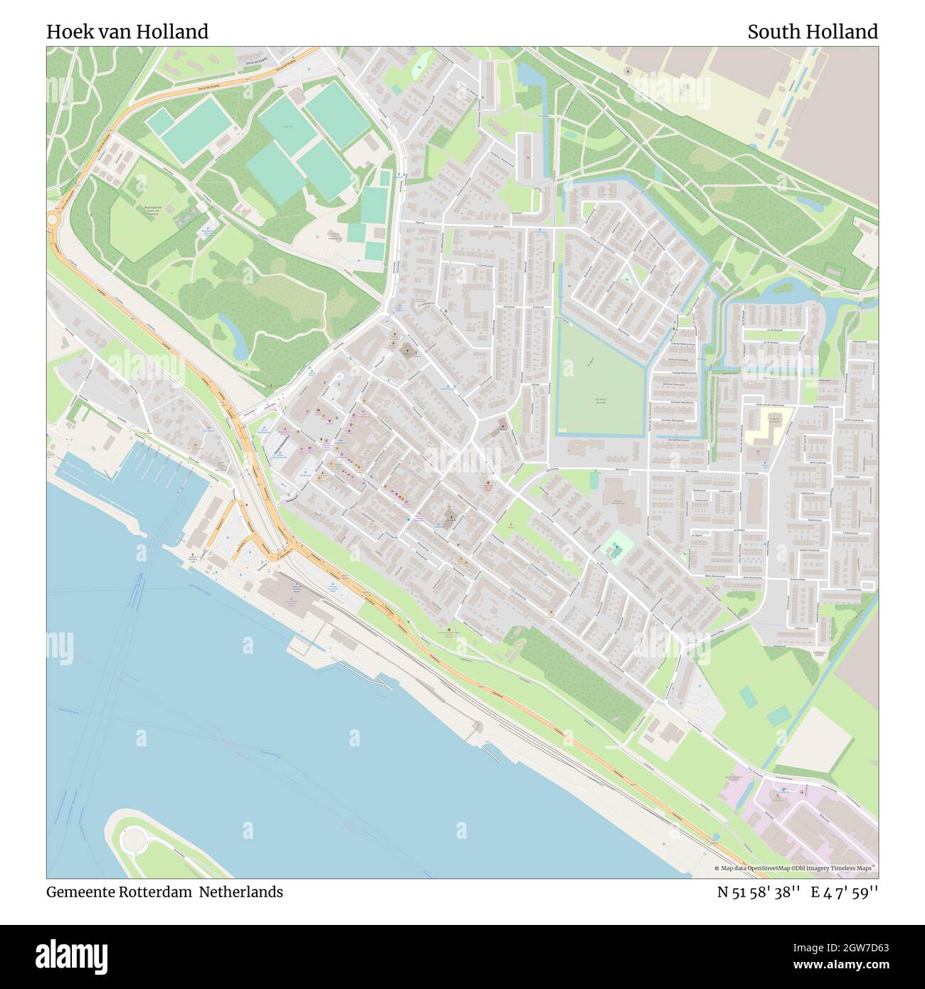 Hoek van Holland, Gemeente Rotterdam, Países Bajos, South Holland, N 51 58' 38'', E 4 7' 59'', MAP, Timeless Map publicado en 2021. Viajeros, exploradores y aventureros como Florence Nightingale, David Livingstone, Ernest Shackleton, Lewis y Clark y Sherlock Holmes se basaron en mapas para planificar viajes a los rincones más remotos del mundo, Timeless Maps está trazando la mayoría de los lugares del mundo, mostrando el logro de grandes sueños Foto de stock