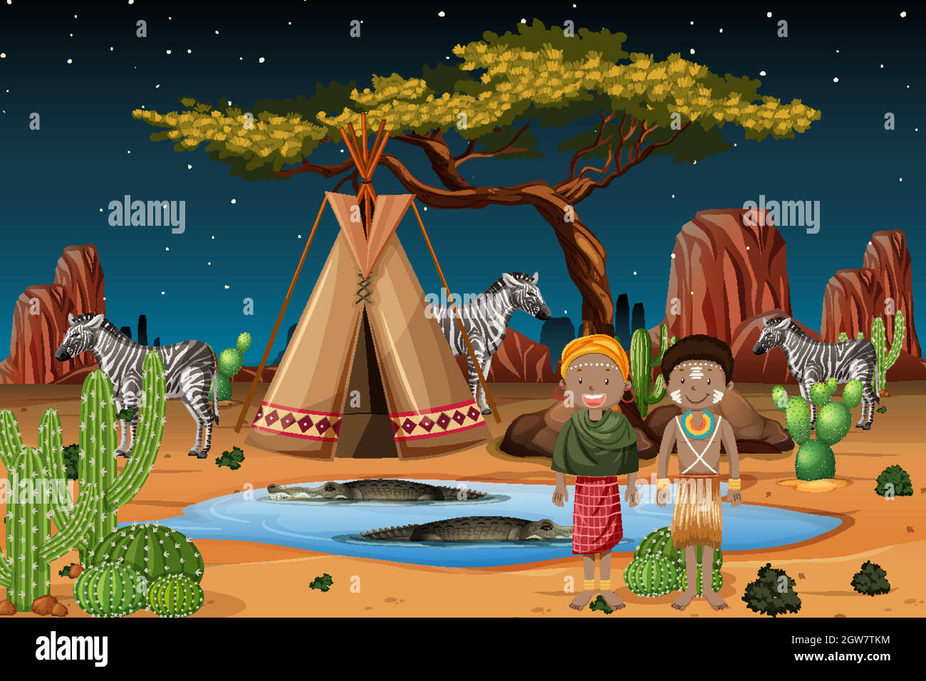 Personas étnicas de tribus africanas con ropa tradicional en el fondo de la naturaleza Ilustración del Vector