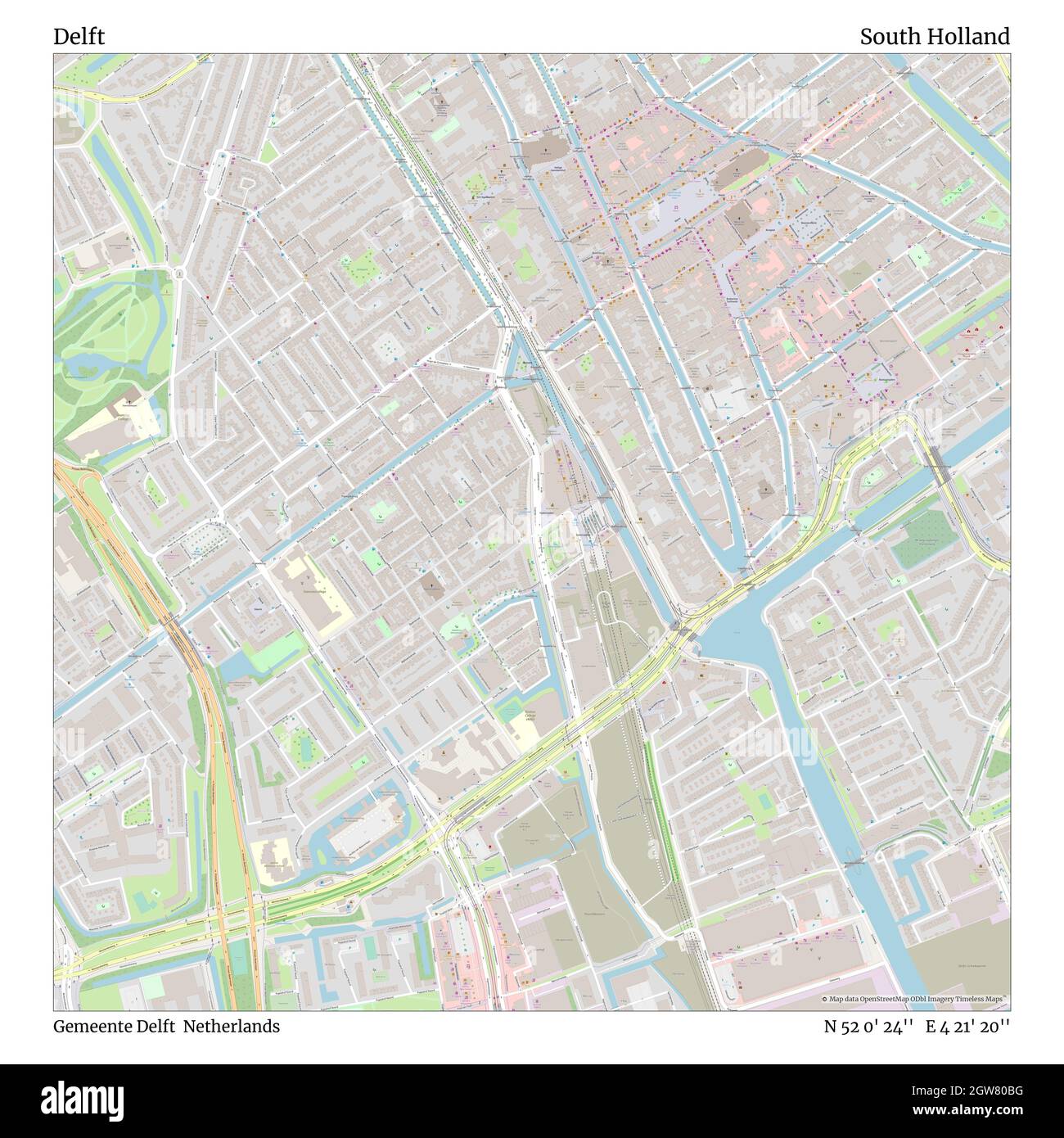 Delft, Gemeente Delft, Países Bajos, Sur de Holanda, N 52 0' 24'', E 4 21' 20'', MAP, Timeless Map publicado en 2021. Viajeros, exploradores y aventureros como Florence Nightingale, David Livingstone, Ernest Shackleton, Lewis y Clark y Sherlock Holmes se basaron en mapas para planificar viajes a los rincones más remotos del mundo, Timeless Maps está trazando la mayoría de los lugares del mundo, mostrando el logro de grandes sueños Foto de stock