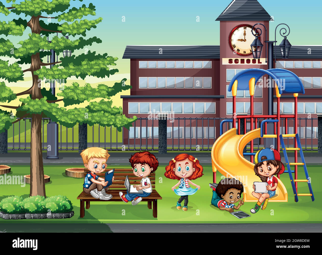 Niños jugando en el patio de recreo de la escuela Imagen Vector de