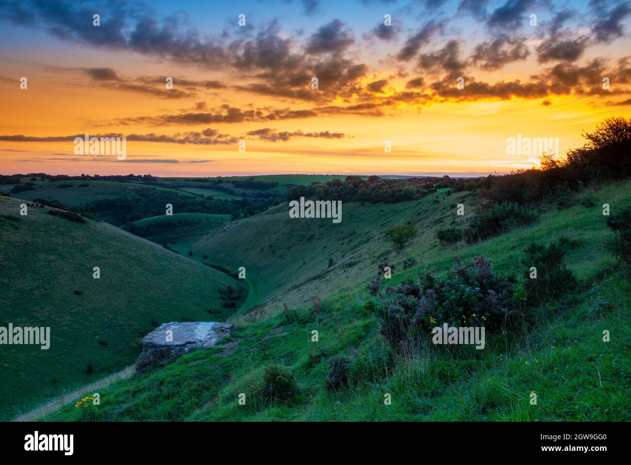 Amanecer en Devil's Dyke Brighton, East Sussex, Inglaterra, Reino Unido Foto de stock