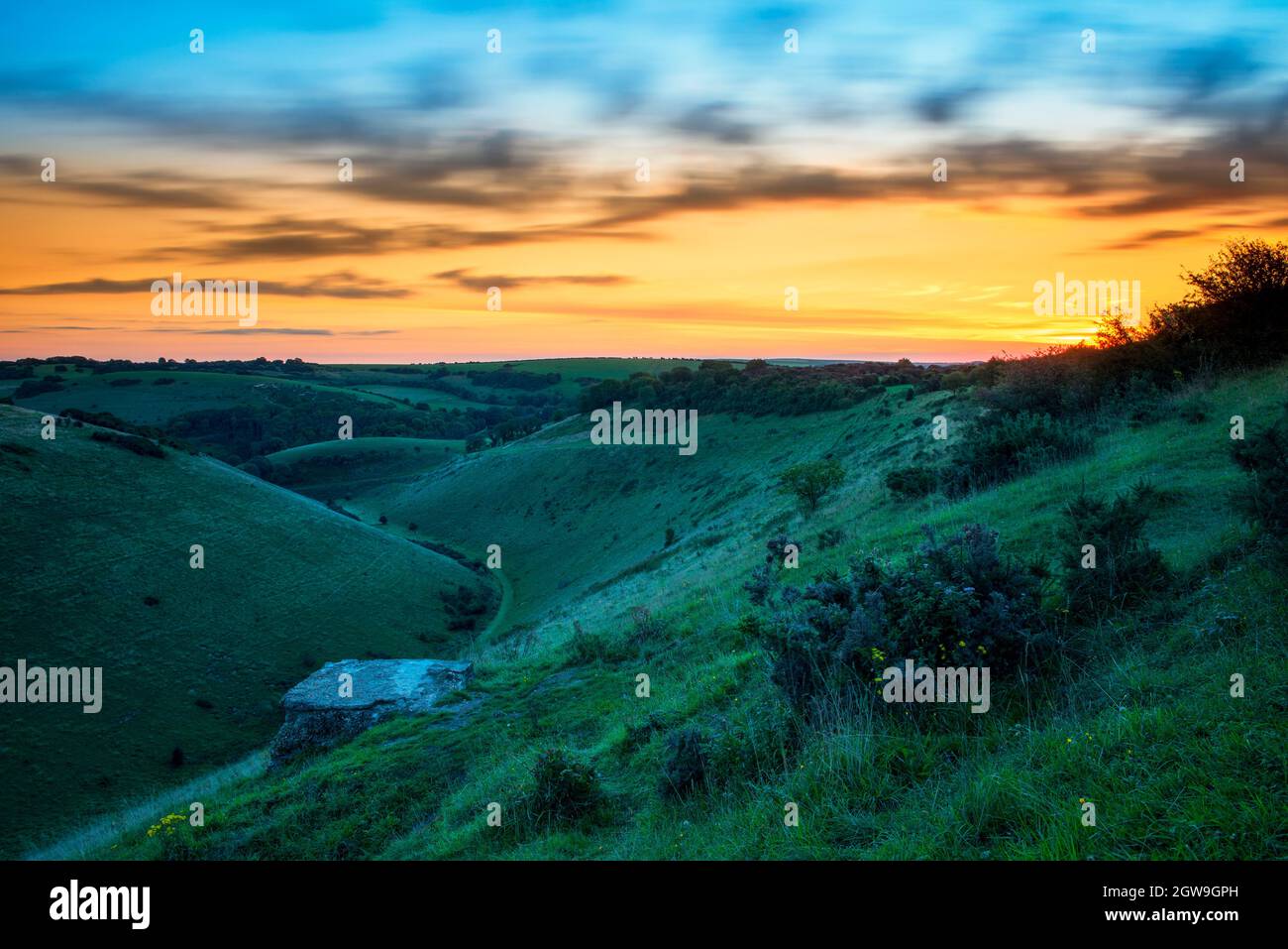 Amanecer en Devil's Dyke Brighton, East Sussex, Inglaterra, Reino Unido Foto de stock