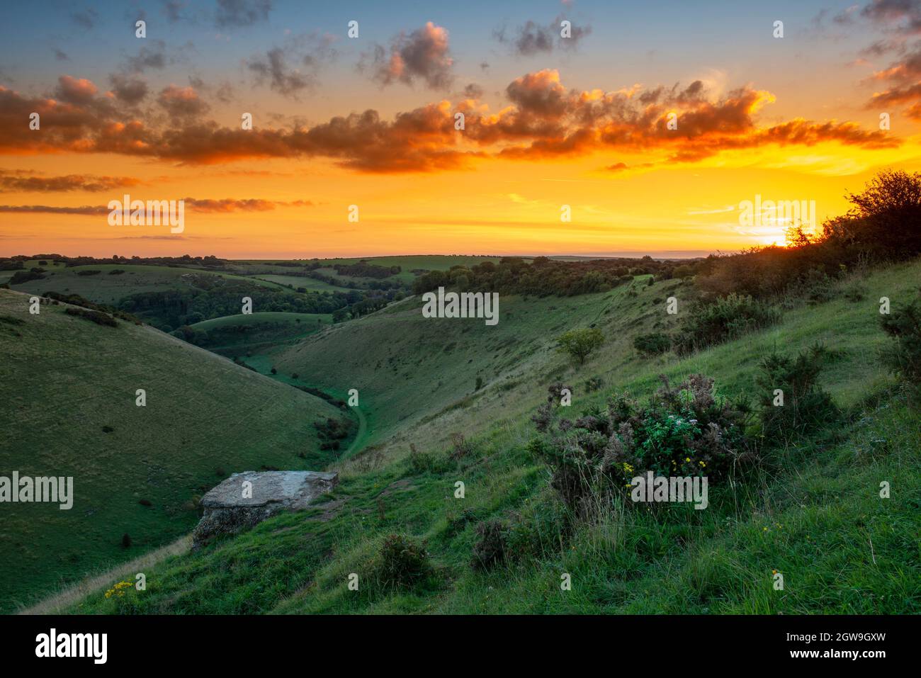 Amanecer en Devil's Dyke Brighton, East Sussex, Inglaterra, Reino Unido Foto de stock