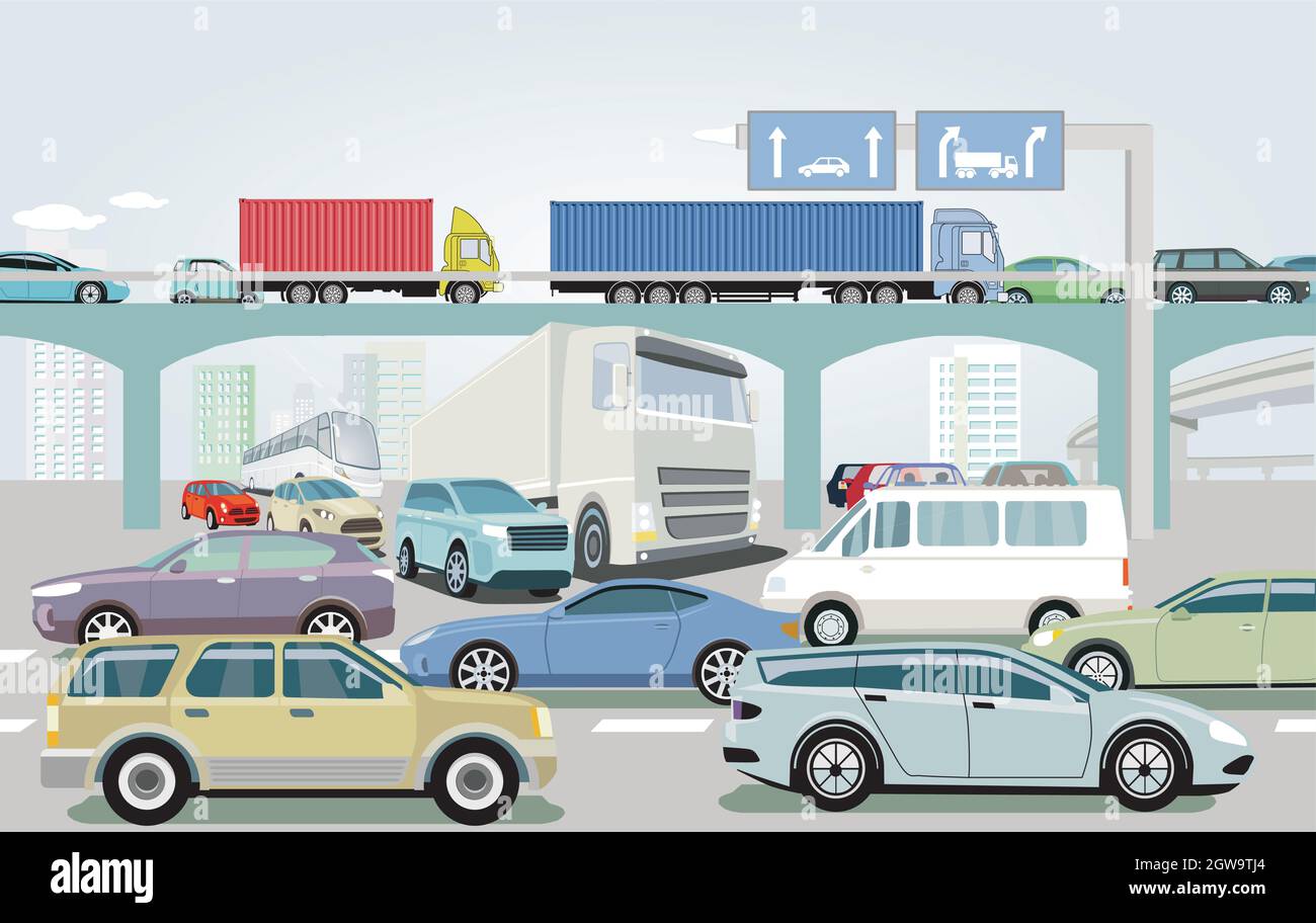 Atasco de tráfico en la ilustración de la intersección de la carretera Ilustración del Vector