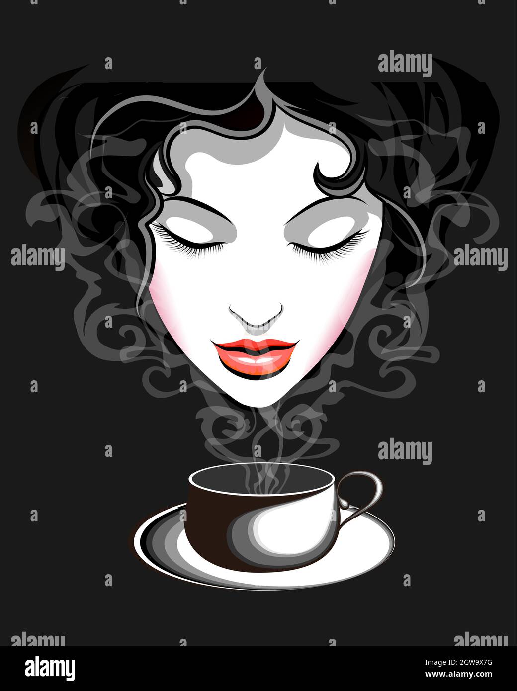 Hermosa mujer joven disfrutando de una taza de café sobre fondo negro. Ilustración vectorial Ilustración del Vector