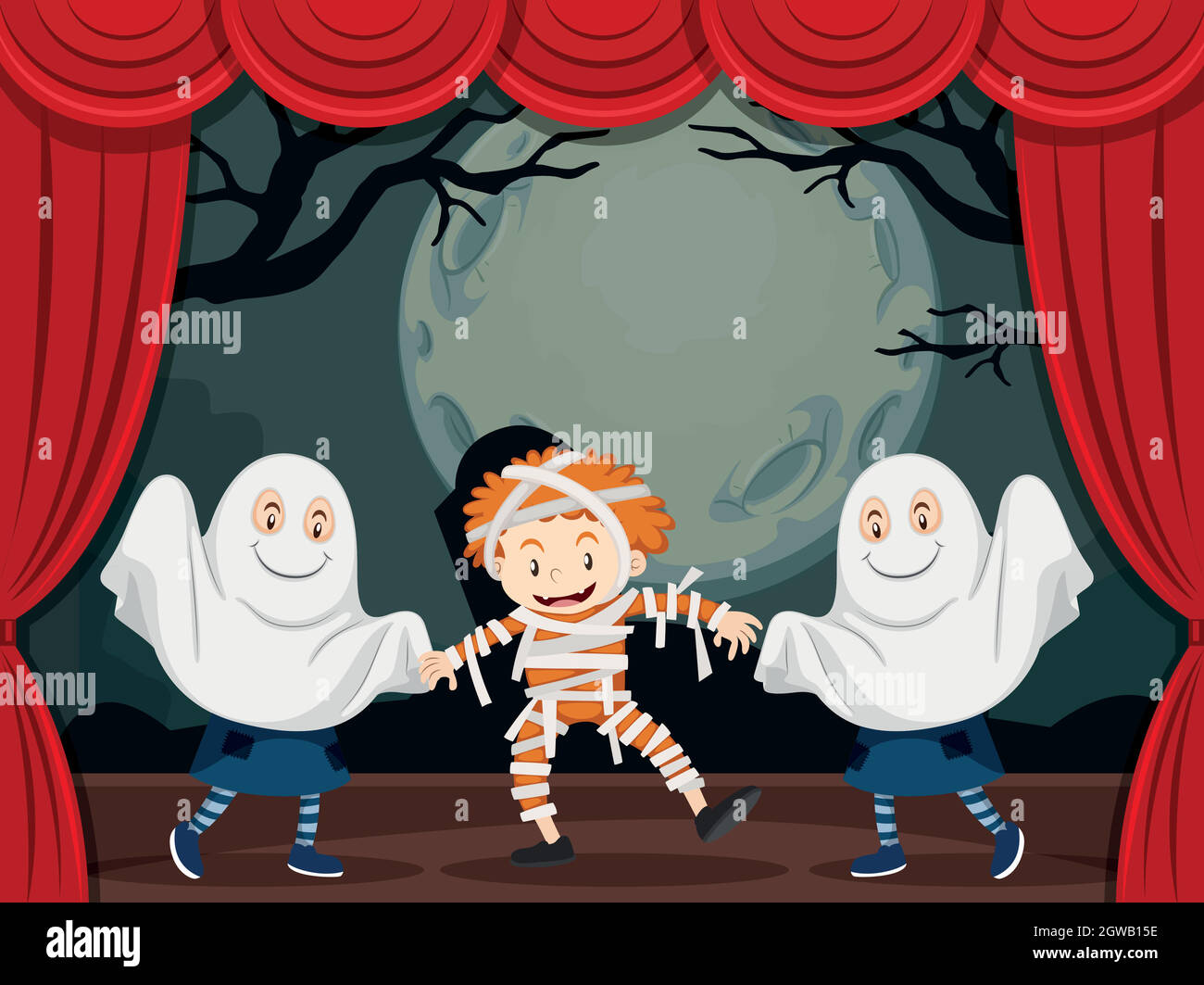 Fantasmas y momia en el escenario Ilustración del Vector