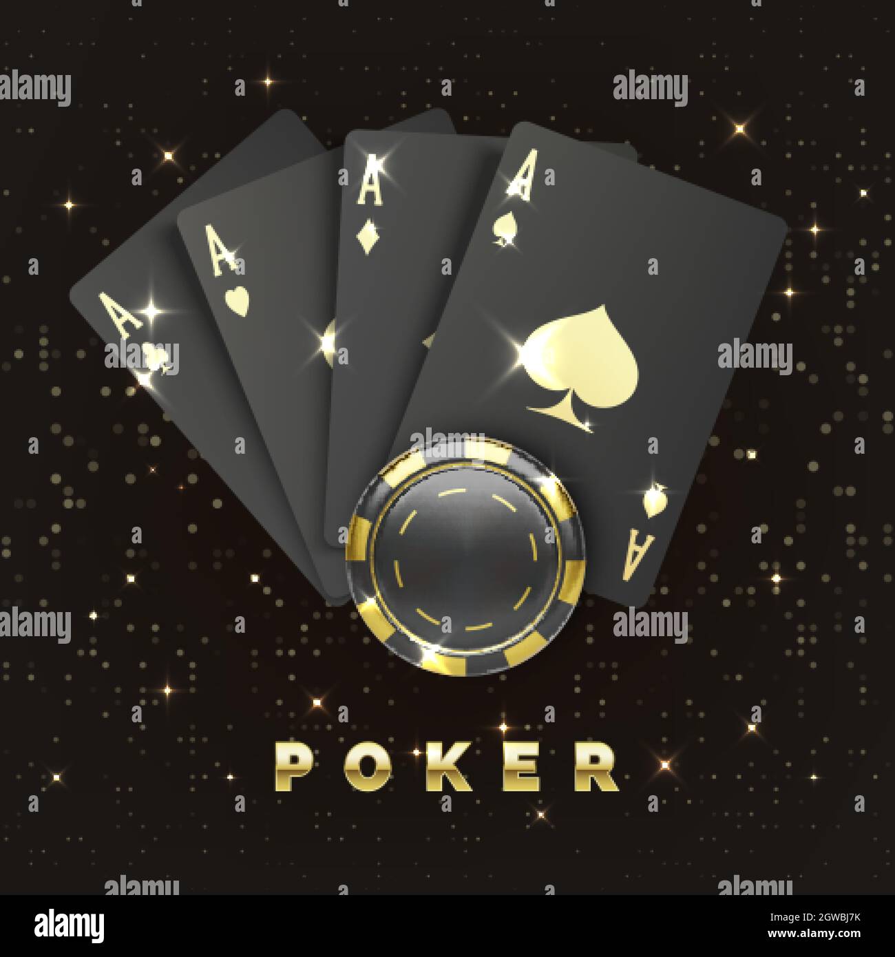Cuatro cartas de póquer negras con traje de oro y chip de casino. Quads o  cuatro de una clase por as y fichas de juego. Banner o cartel del casino en  estilo