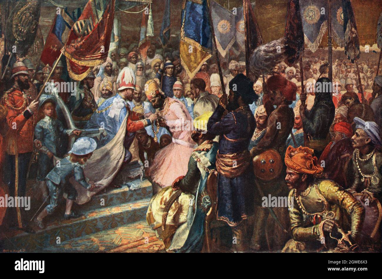 Ilustración de color después de Sydney Hall: El Príncipe Alberto, el Príncipe de Gales, invirtiendo el Maharajah de Jaipur con la Orden de la Estrella de la India, 1st Foto de stock