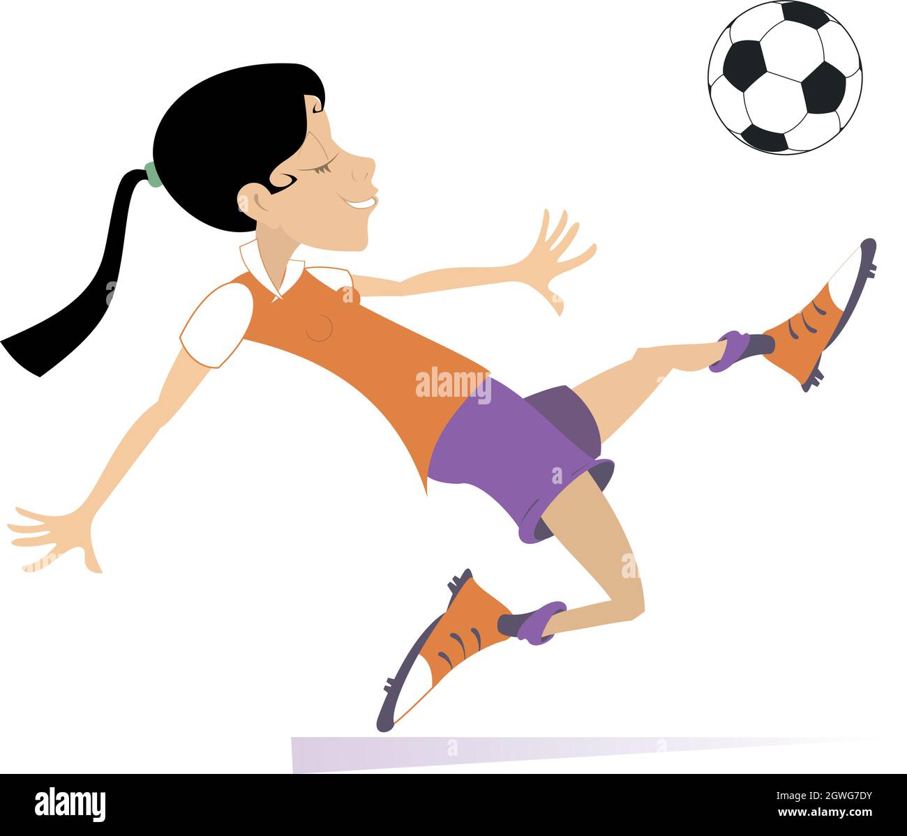 Mujer joven sonriente jugando al fútbol ilustración aislada. Una mujer  futbolista de carrera de dibujos animados bate a una pelota aislada en una  ilustración blanca Imagen Vector de stock - Alamy
