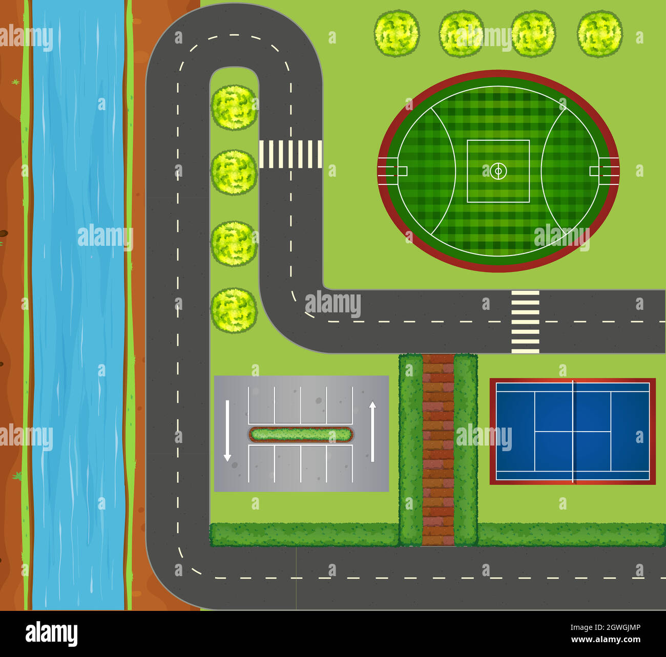 Servicio comunitario con campos y tribunales Ilustración del Vector