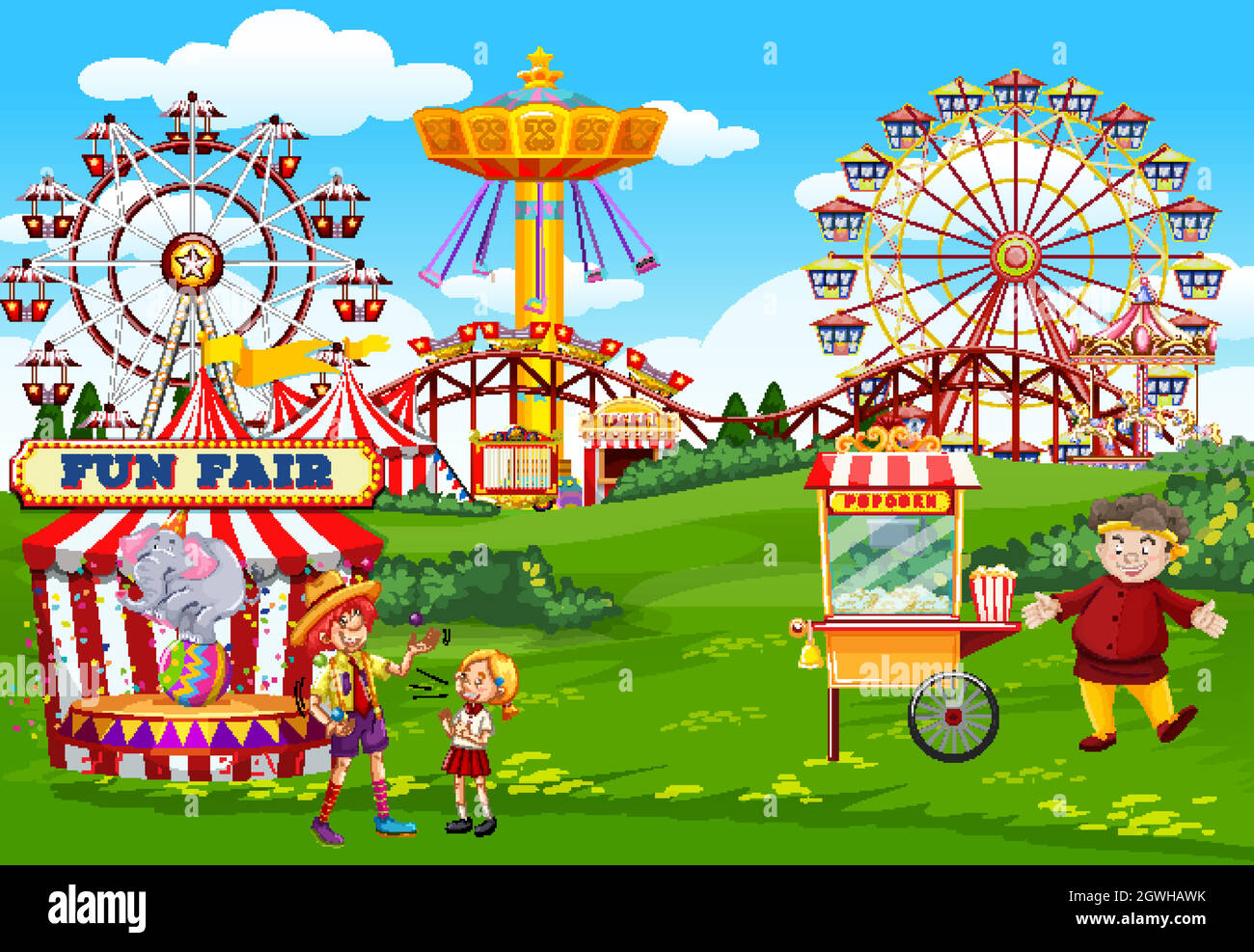 Parque de atracciones con circo y escena temática de carro de palomitas Ilustración del Vector