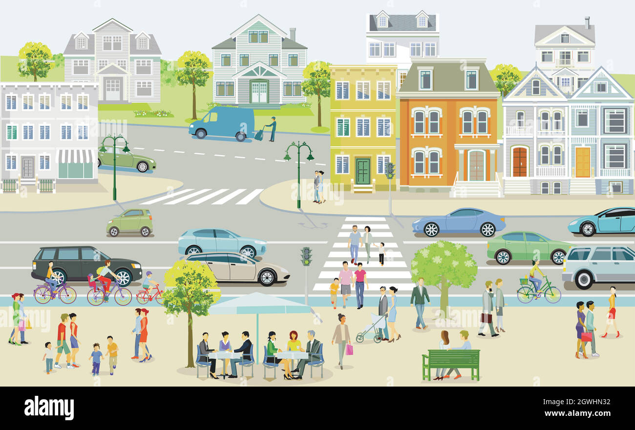 Pequeña ciudad con casas y tráfico, peatones en el suburbio - ilustración Ilustración del Vector