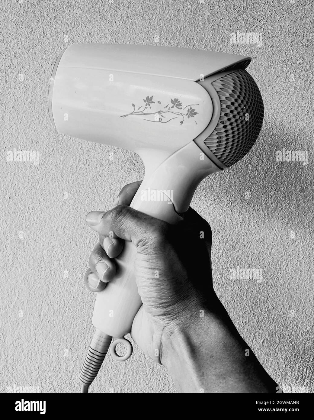 Primer plano de la mano sosteniendo el secador de pelo contra el fondo  blanco Fotografía de stock - Alamy