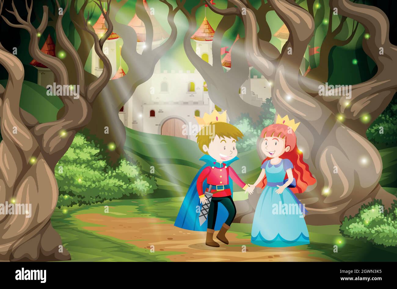 Príncipe y princesa en el mundo de la fantasía Ilustración del Vector