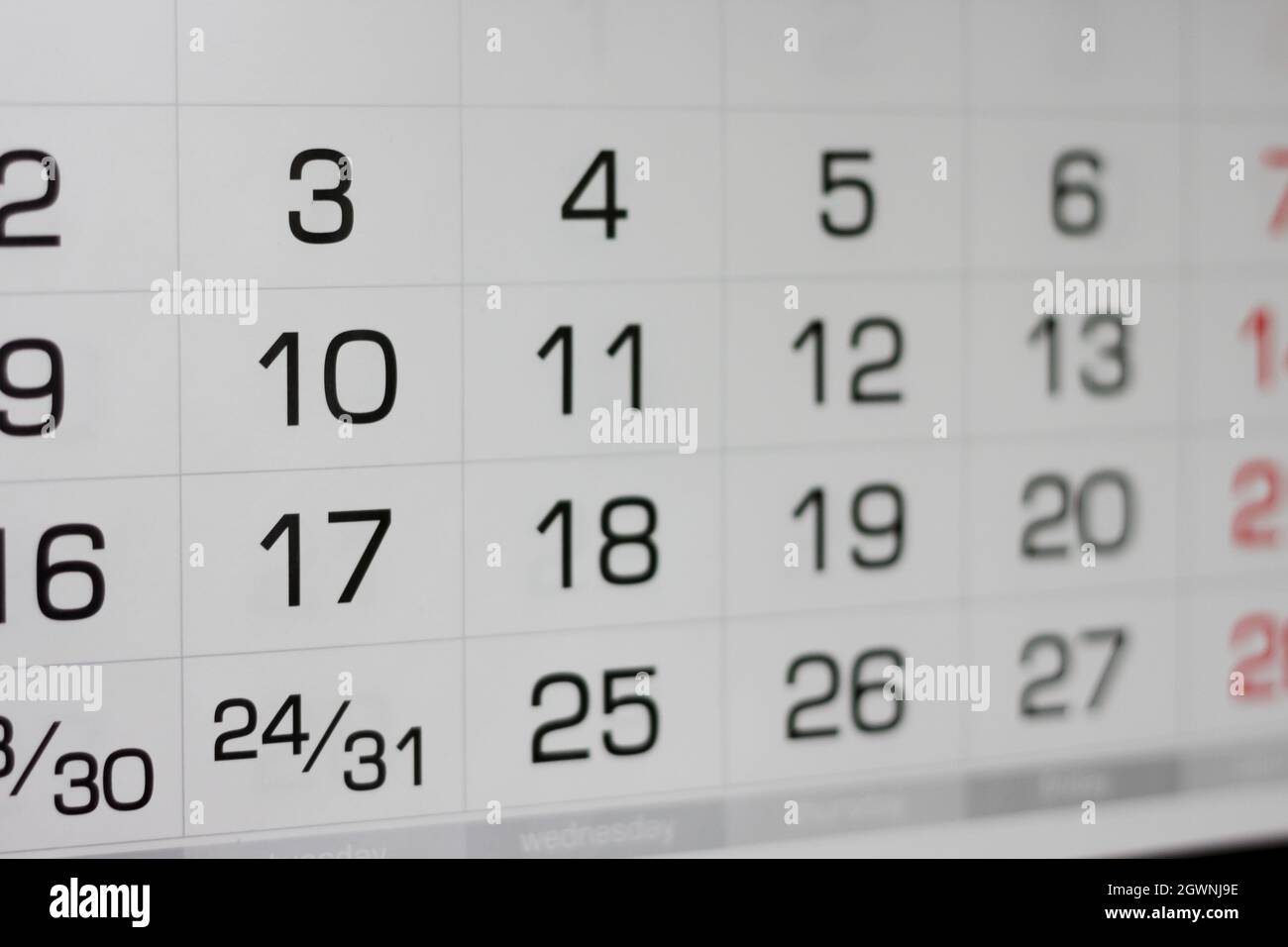 Fechas en el Calendario. Días de la semana con números Fotografía de stock  - Alamy