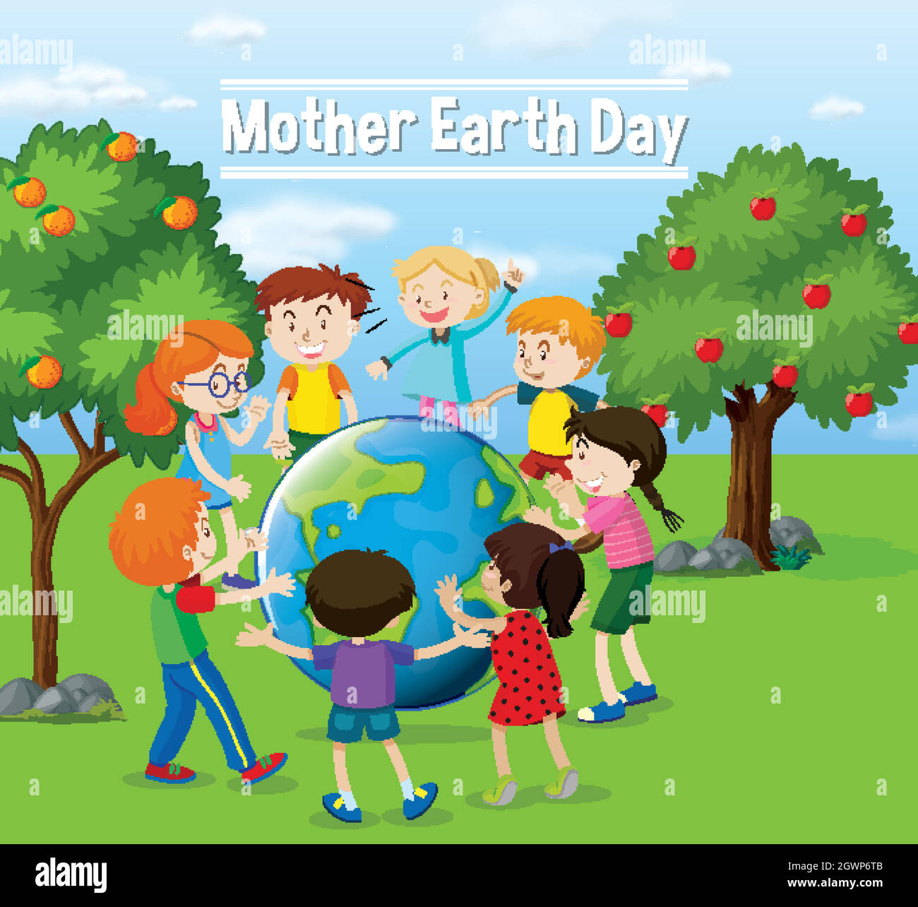 Diseño de póster para el día de la madre tierra con niños felices jugando Ilustración del Vector