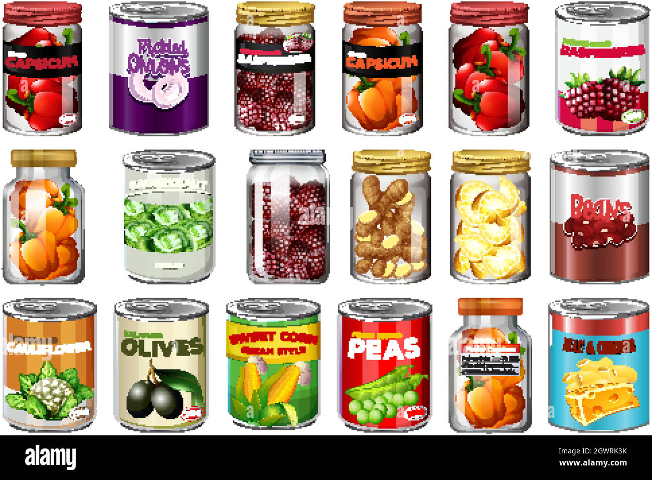 Oposición Nueve Contradecir Juego de diferentes alimentos enlatados y alimentos en tarros aislados  Imagen Vector de stock - Alamy