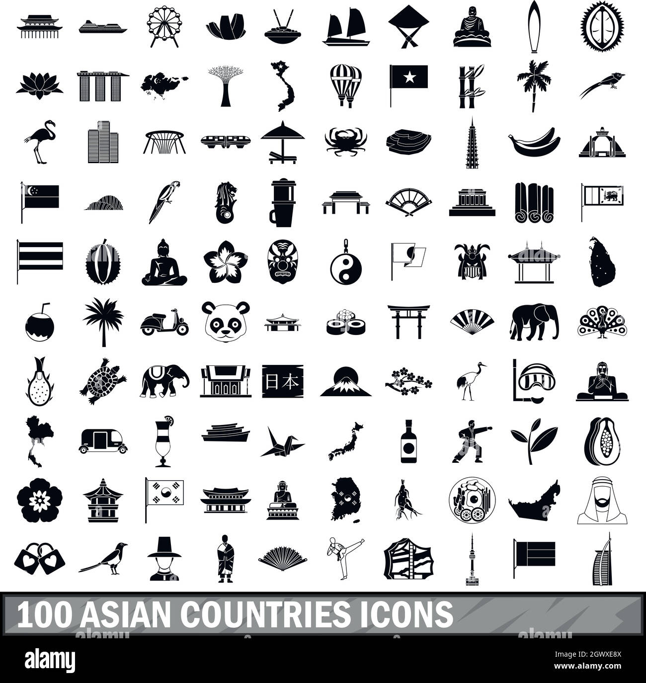 100 iconos asiáticas en estilo sencillo Ilustración del Vector