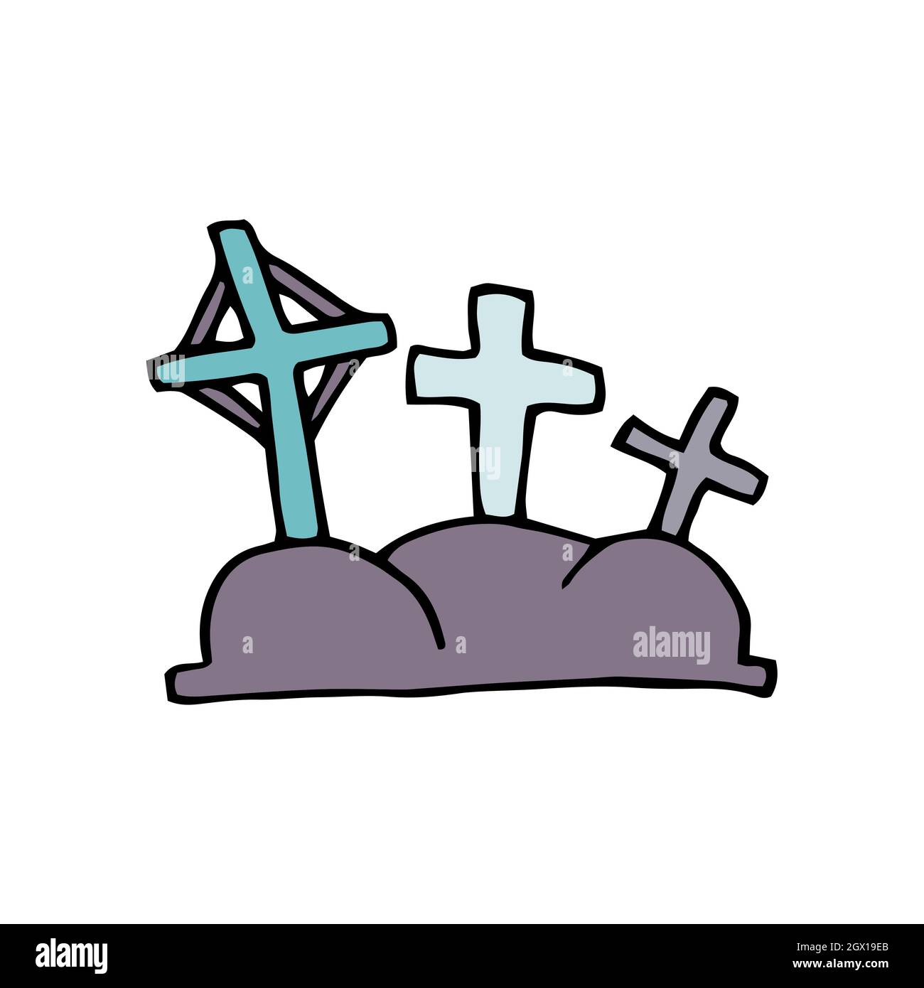 Cruces de fideos vectoriales. Tumba de color gris aislada sobre fondo blanco. Crooked cruza en la tumba en las colinas. Cementerio de dibujos animados paisaje. Signo de Ha Imagen Vector de stock - Cruces de fideos vectoriales. Tumba de color gris aislada sobre fondo blanco. Crooked cruza en la tumba en las colinas. Cementerio de dibujos animados paisaje. Signo de Ha Imagen Vector de stock -